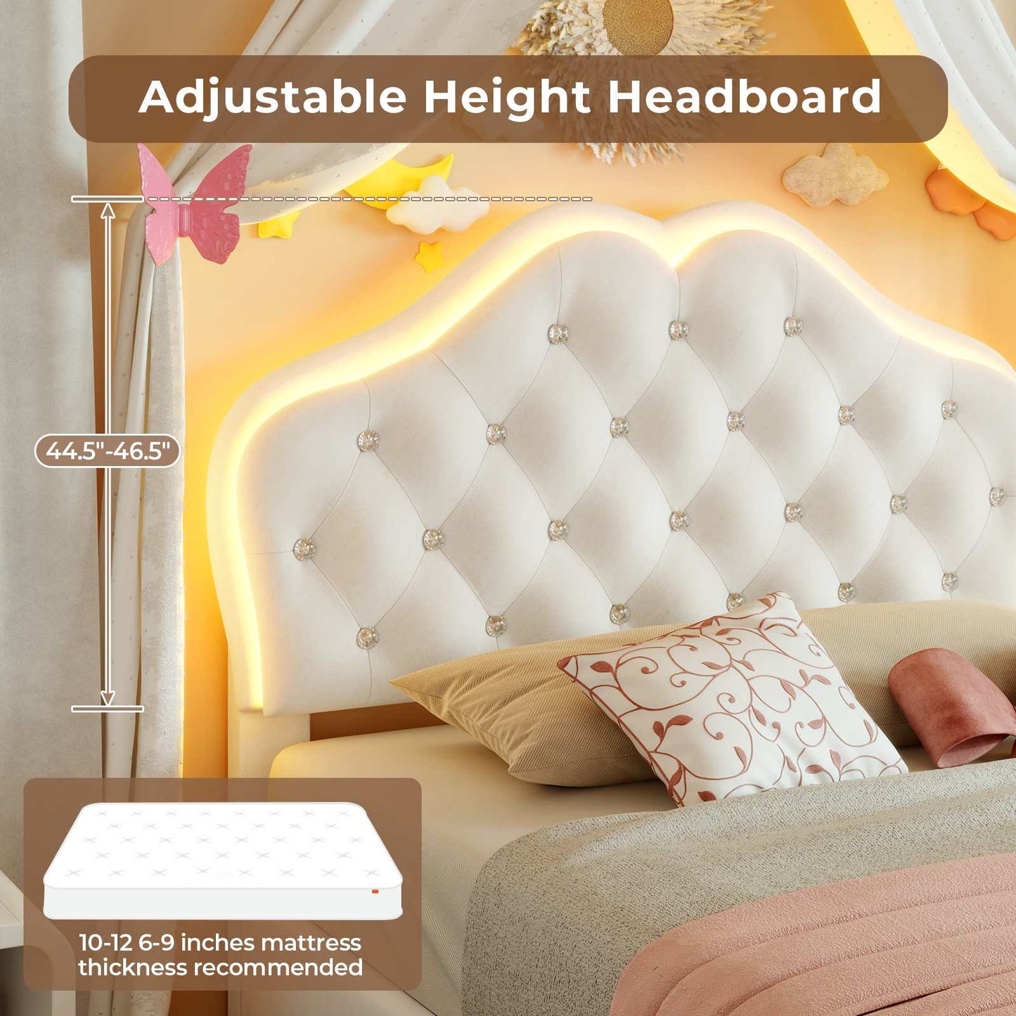 Twin Size Velvet Princess LED Bed Frame White