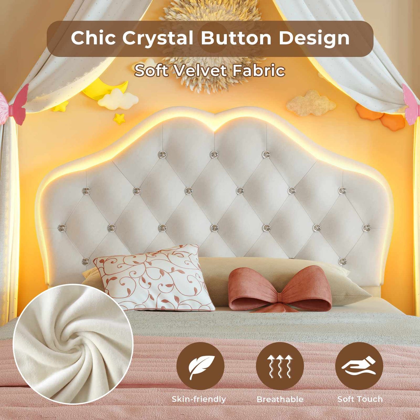 Twin Size Velvet Princess LED Bed Frame White