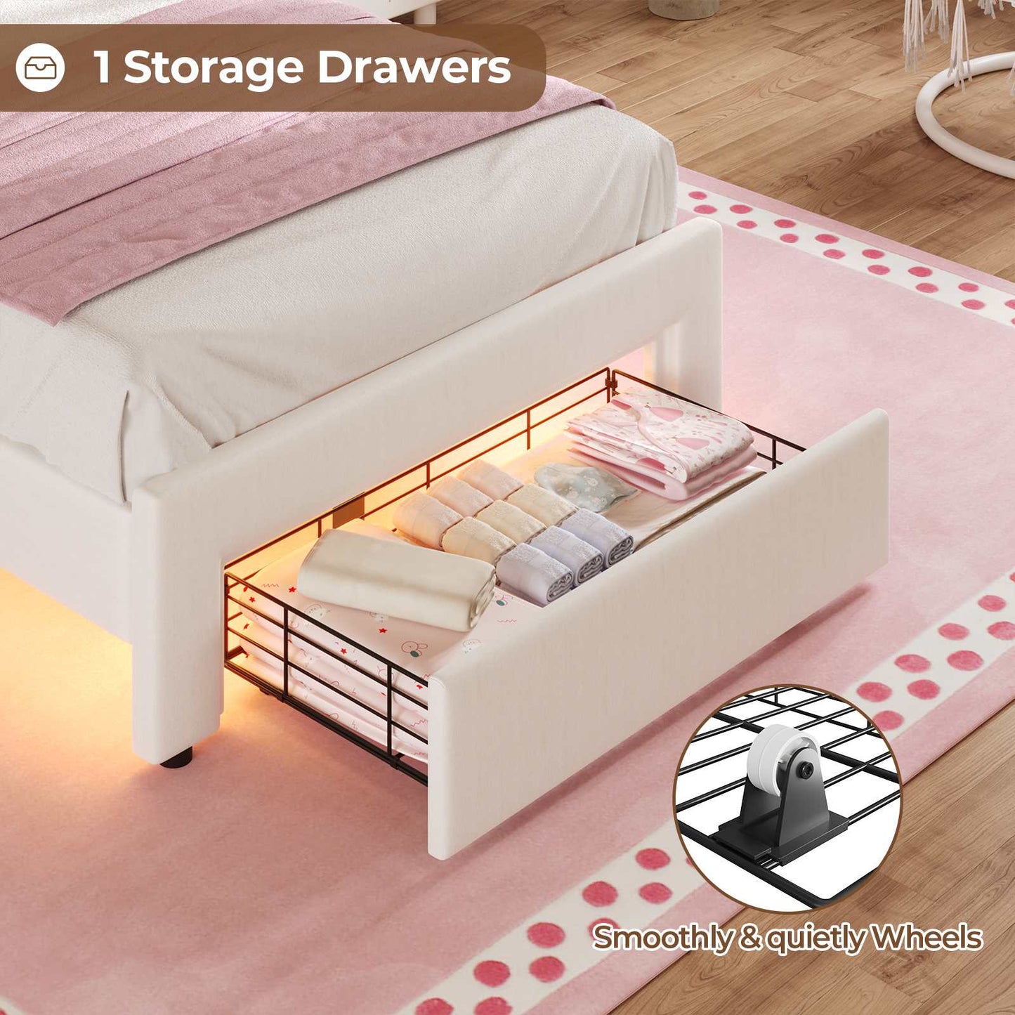 Twin Size Velvet Princess LED Bed Frame White