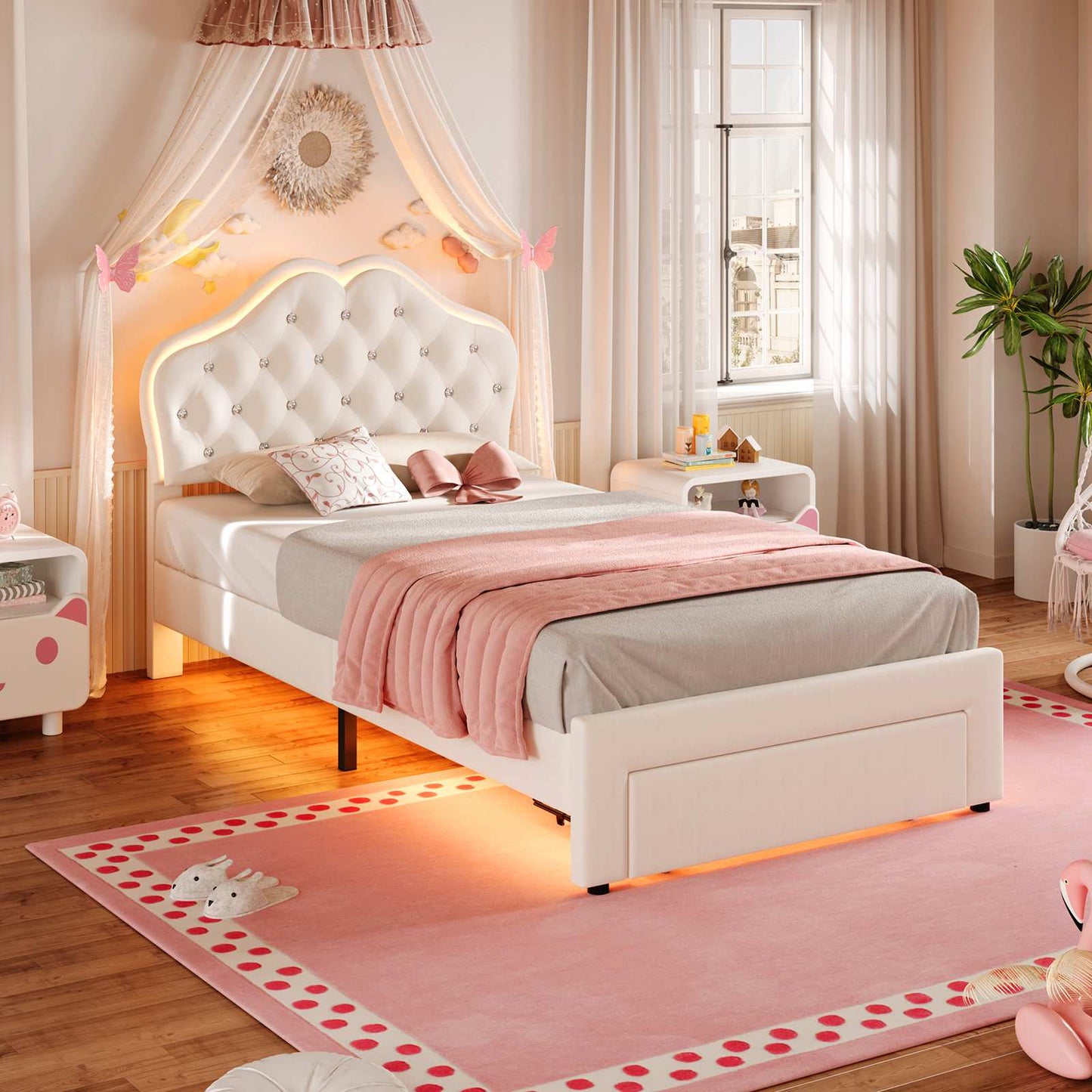 Twin Size Velvet Princess LED Bed Frame White