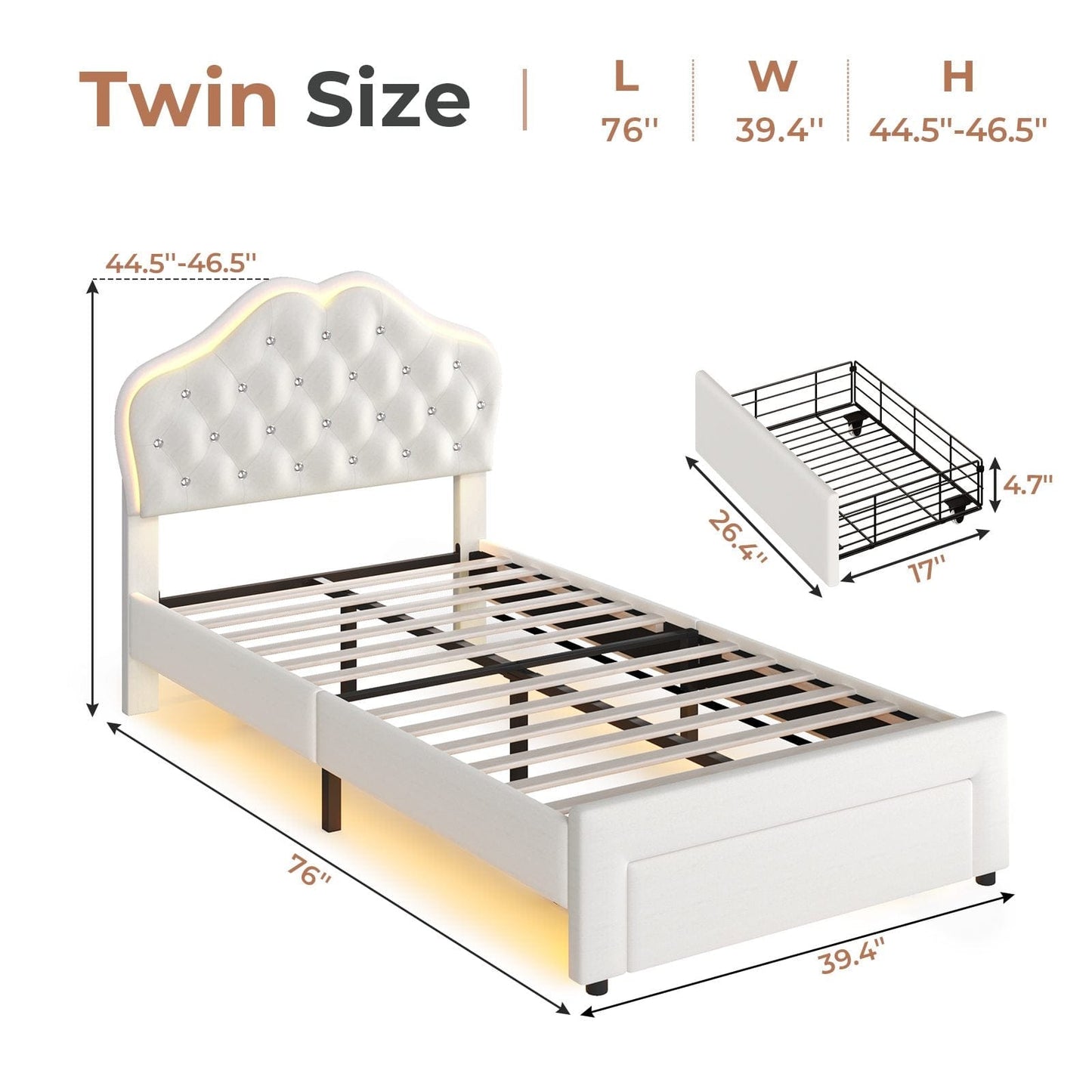 Twin Size Velvet Princess LED Bed Frame White