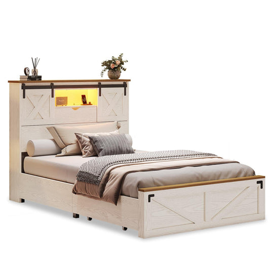Twin Size Bed Frame with 2 Storage Drawers and LED Lights White