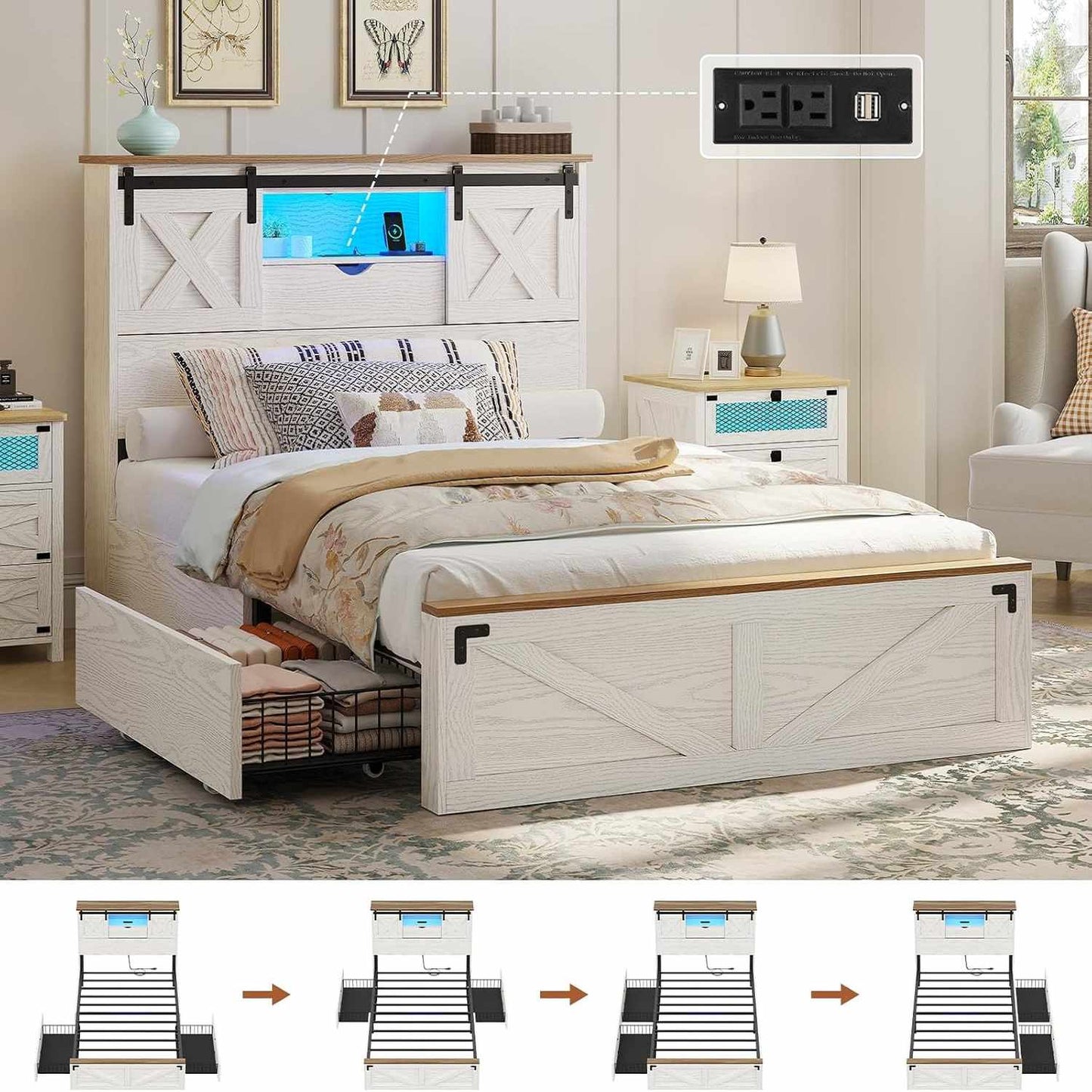 Twin Size Bed Frame with 2 Storage Drawers and LED Lights White