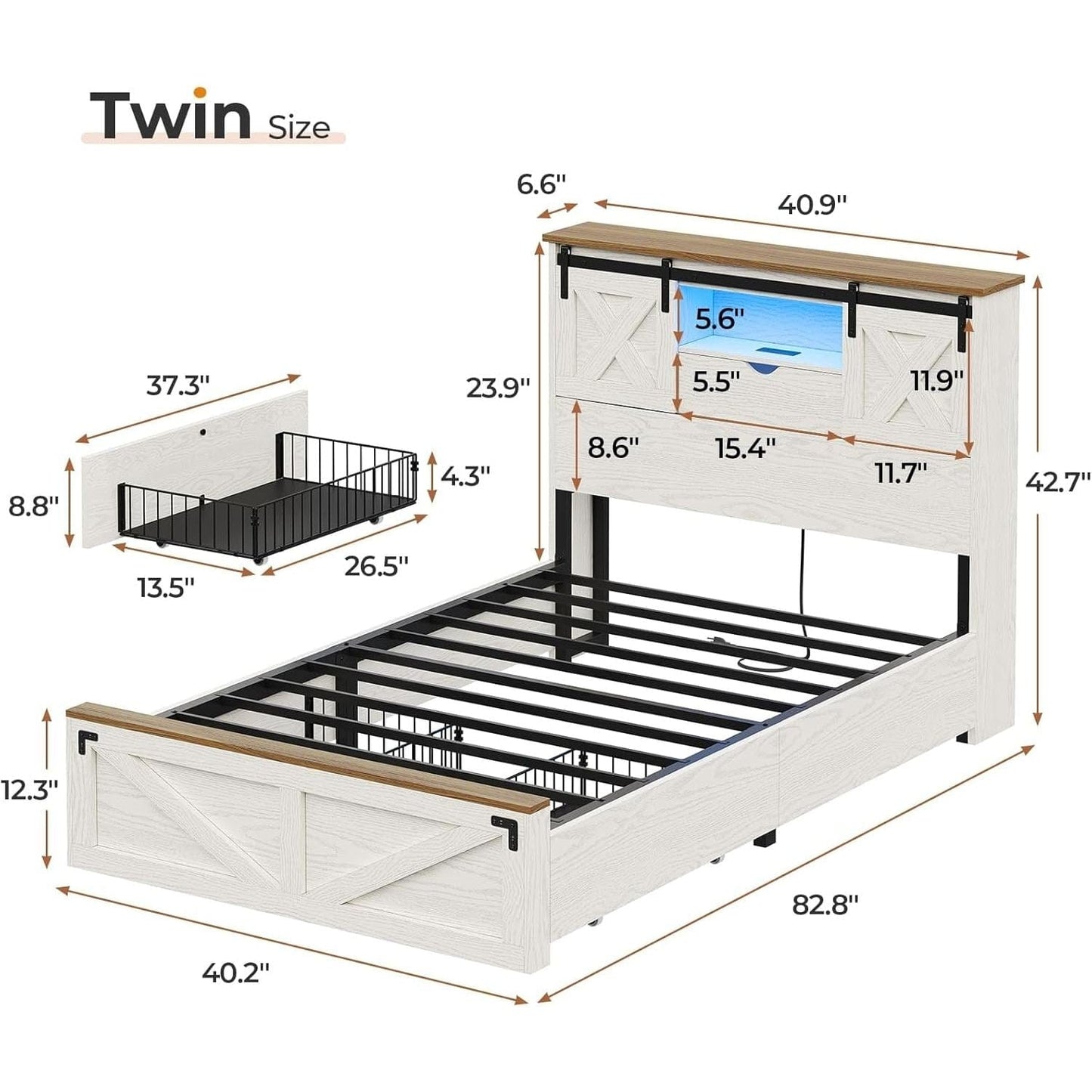 Twin Size Bed Frame with 2 Storage Drawers and LED Lights White