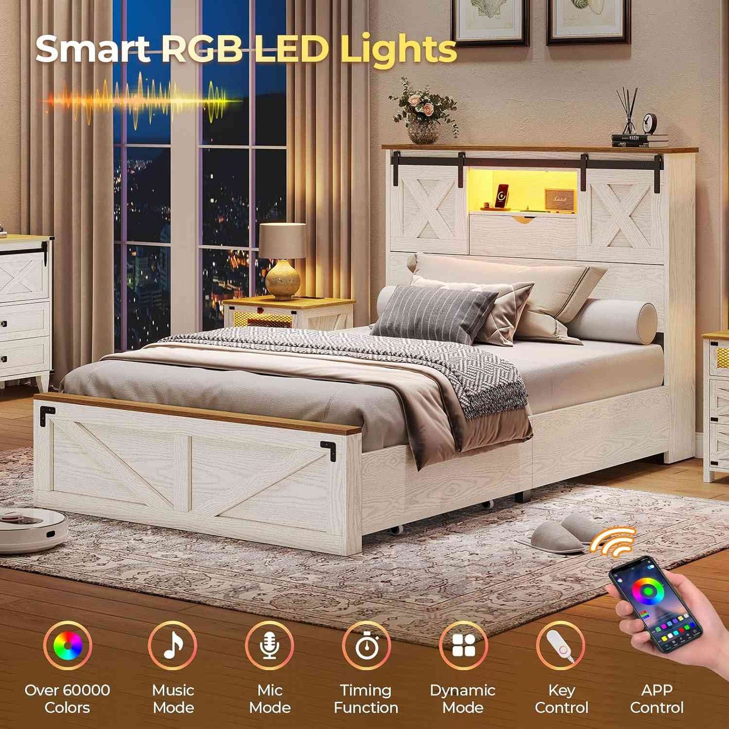 Twin Size Bed Frame with 2 Storage Drawers and LED Lights White