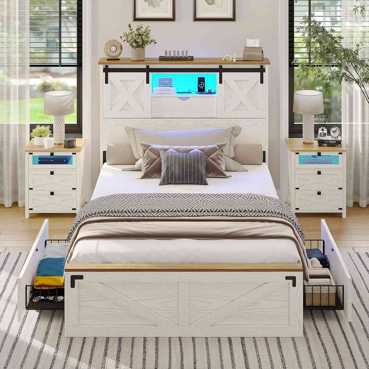 Twin Size Bed Frame with 2 Storage Drawers and LED Lights White