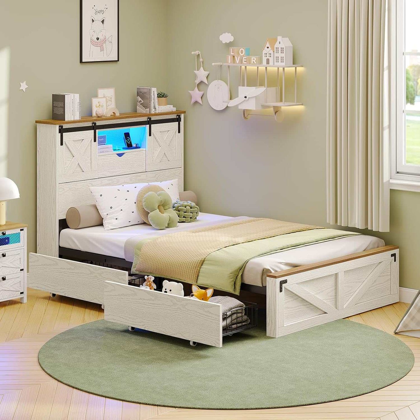 Twin Size Bed Frame with 2 Storage Drawers and LED Lights White