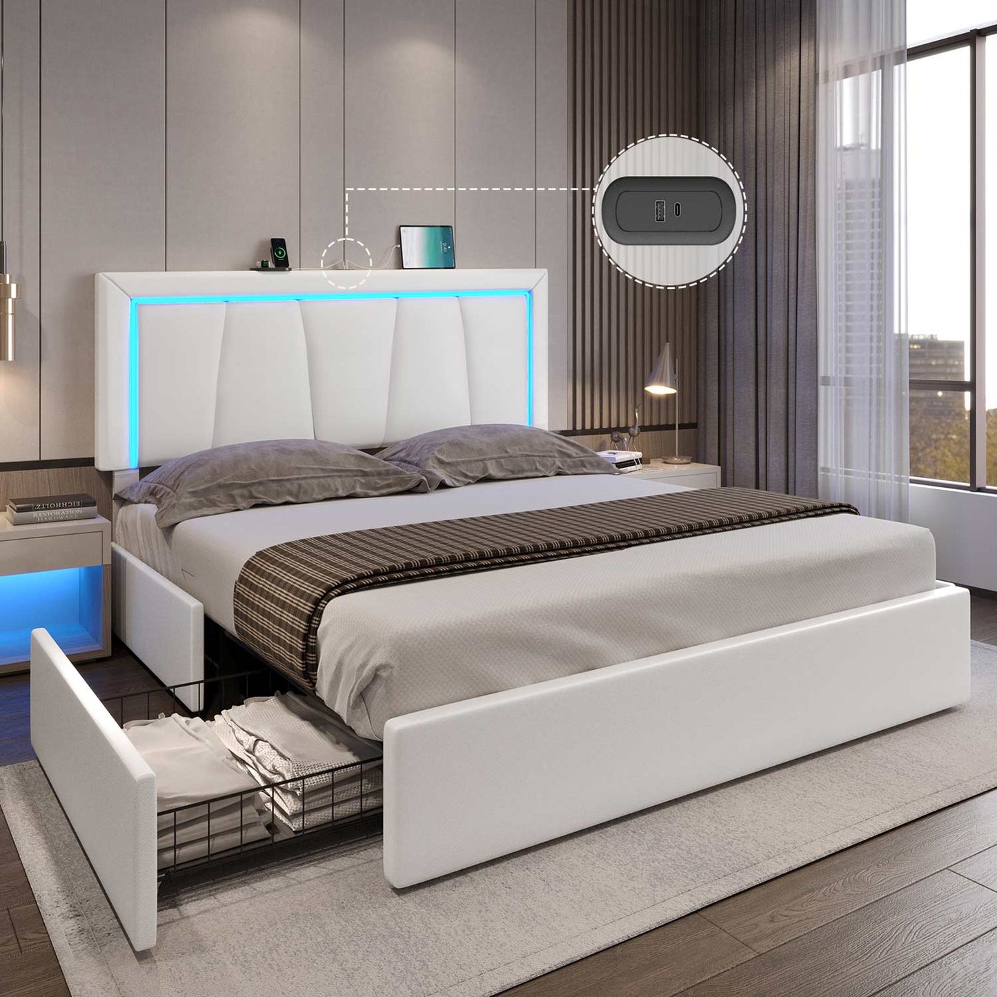 Faux Leather LED Bed Frame with Adjustable Headboard White