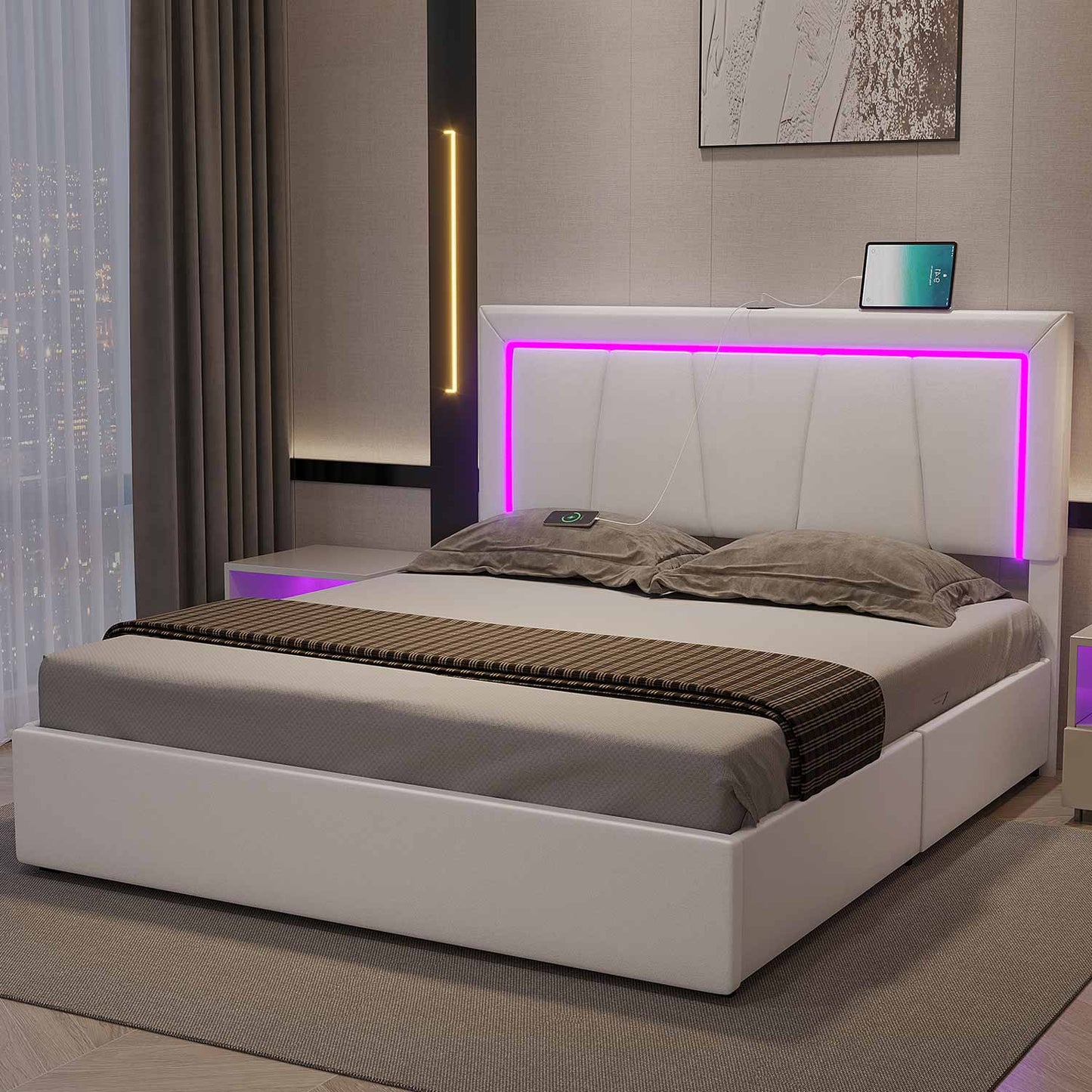 Faux Leather LED Bed Frame with Adjustable Headboard White