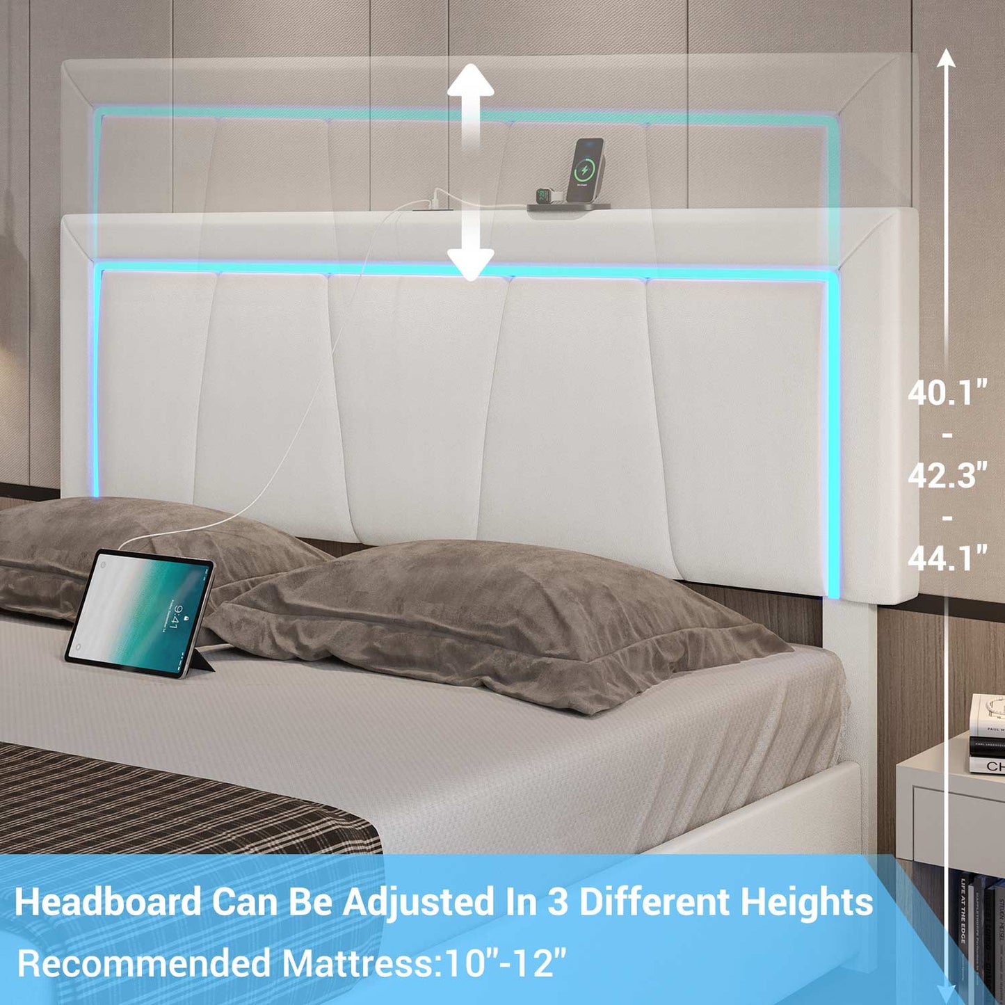 Faux Leather LED Bed Frame with Adjustable Headboard White