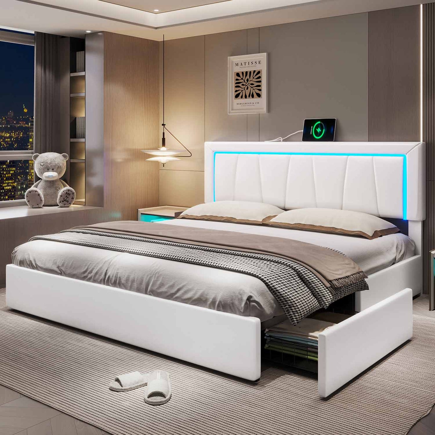 Faux Leather LED Bed Frame with Adjustable Headboard White