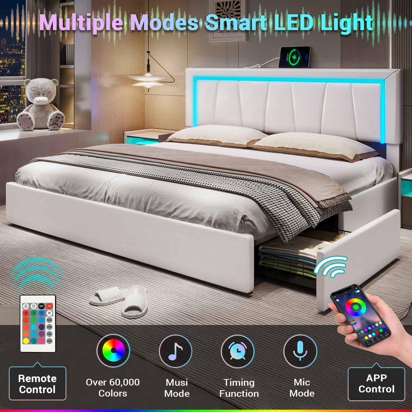 Faux Leather LED Bed Frame with Adjustable Headboard White