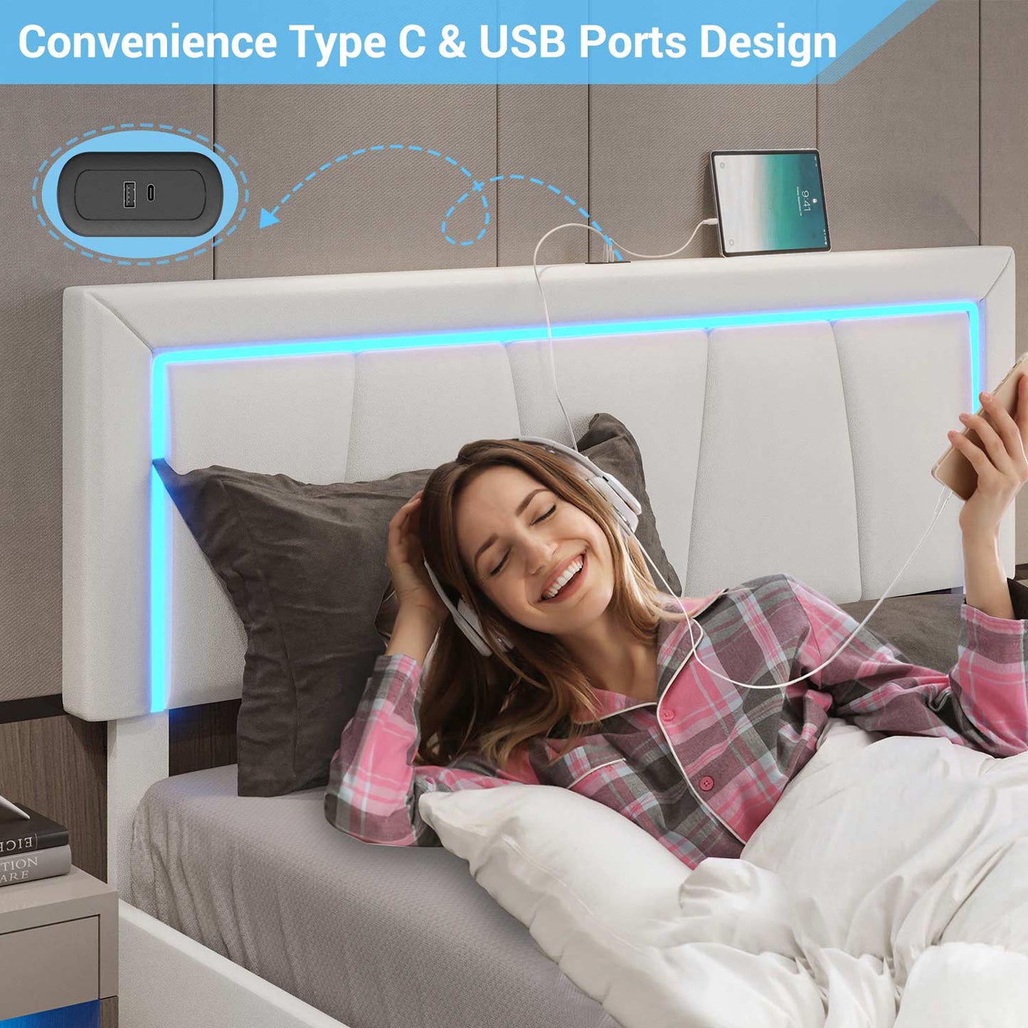 Faux Leather LED Bed Frame with Adjustable Headboard White