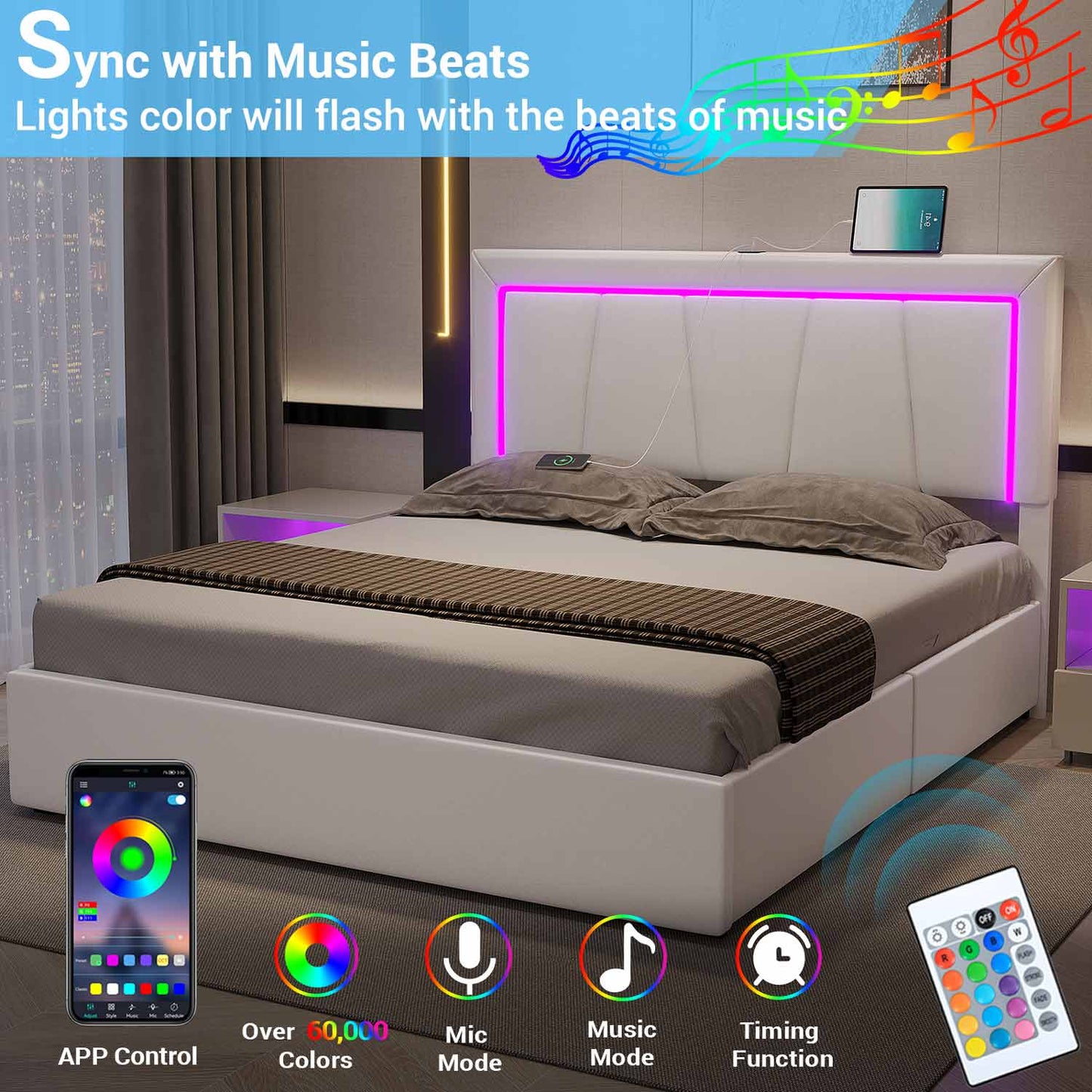 Faux Leather LED Bed Frame with Adjustable Headboard White