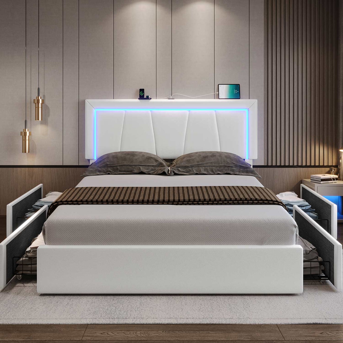 Faux Leather LED Bed Frame with Adjustable Headboard White
