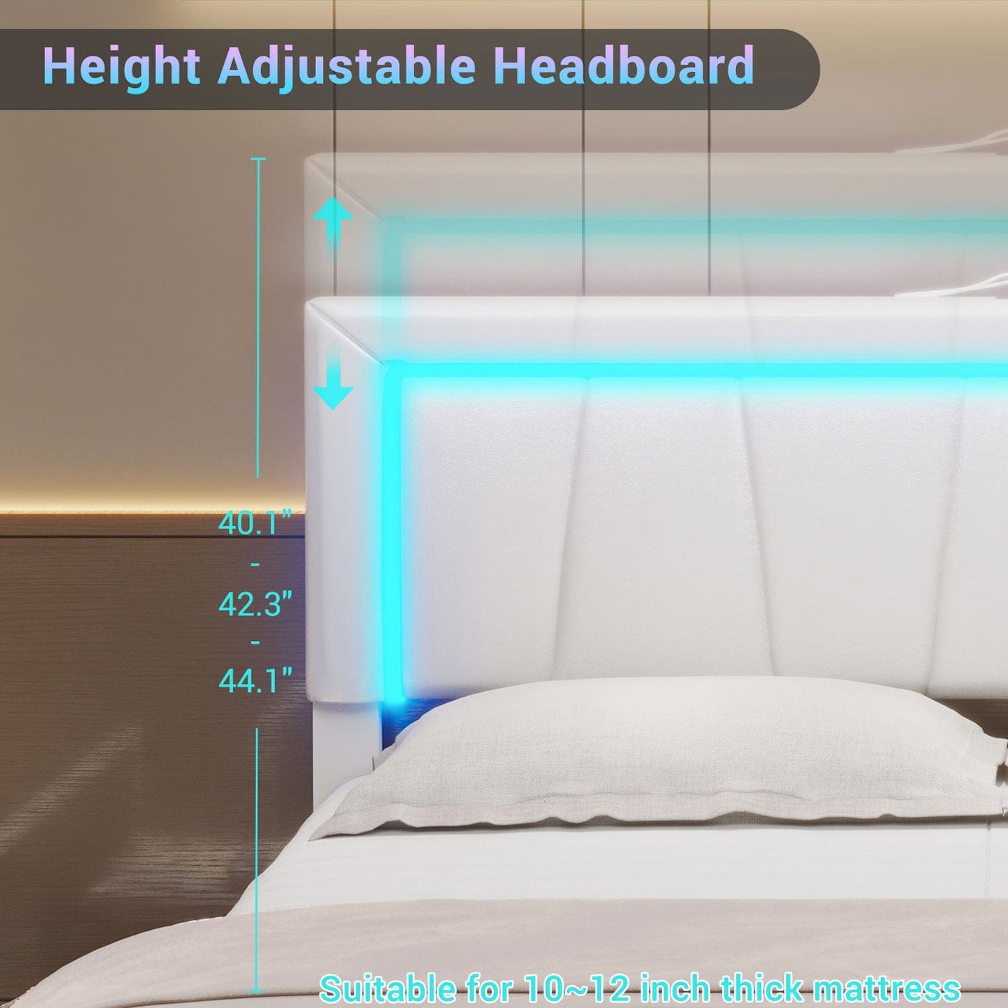 Faux Leather LED Bed Frame with Adjustable Headboard White