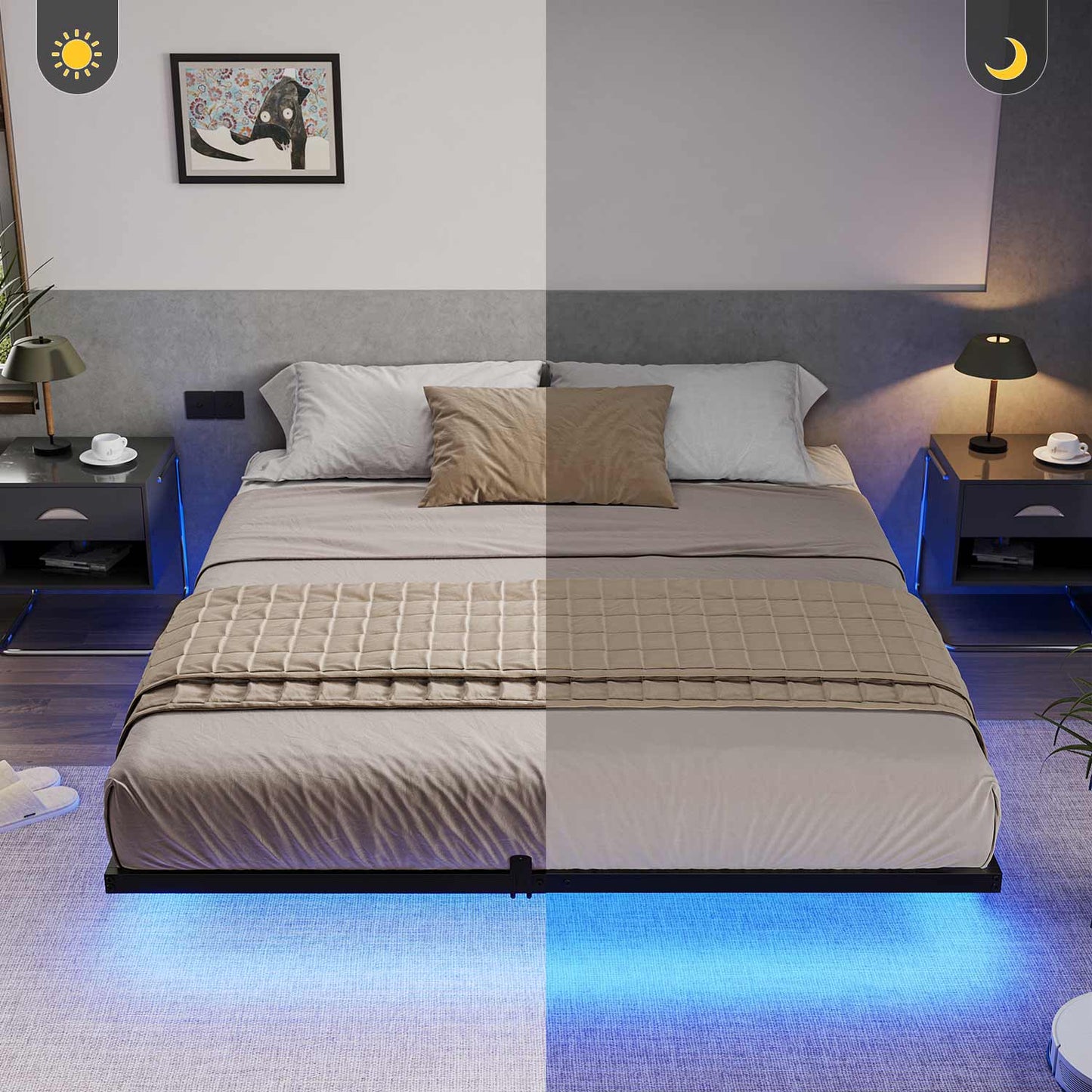Metal Floating Bed Frame with LED Lights Black