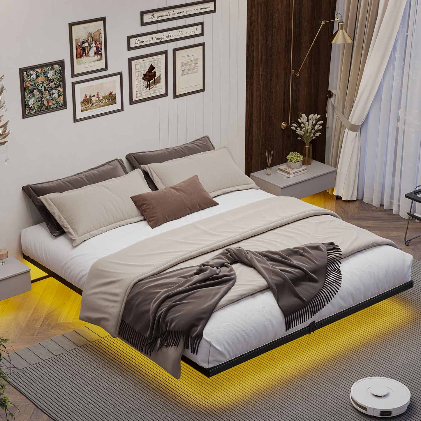 Metal Floating Bed Frame with LED Lights Black