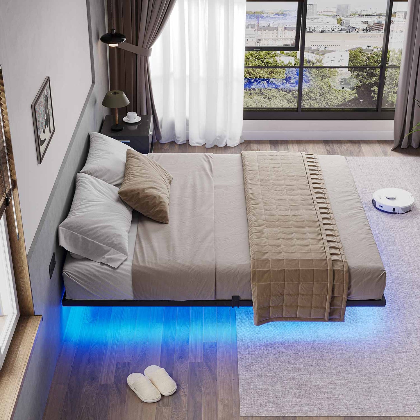 Metal Floating Bed Frame with LED Lights Black