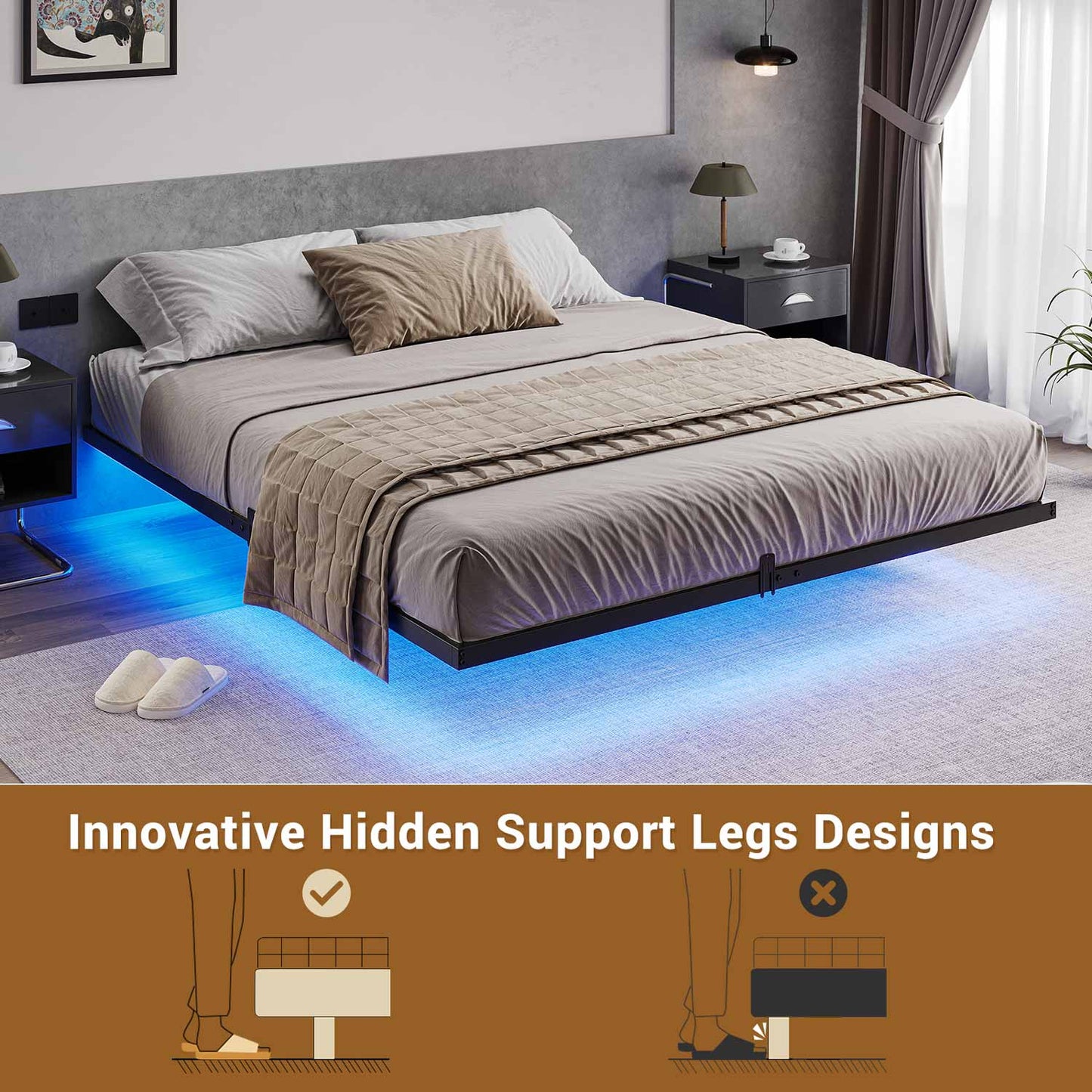 Metal Floating Bed Frame with LED Lights Black