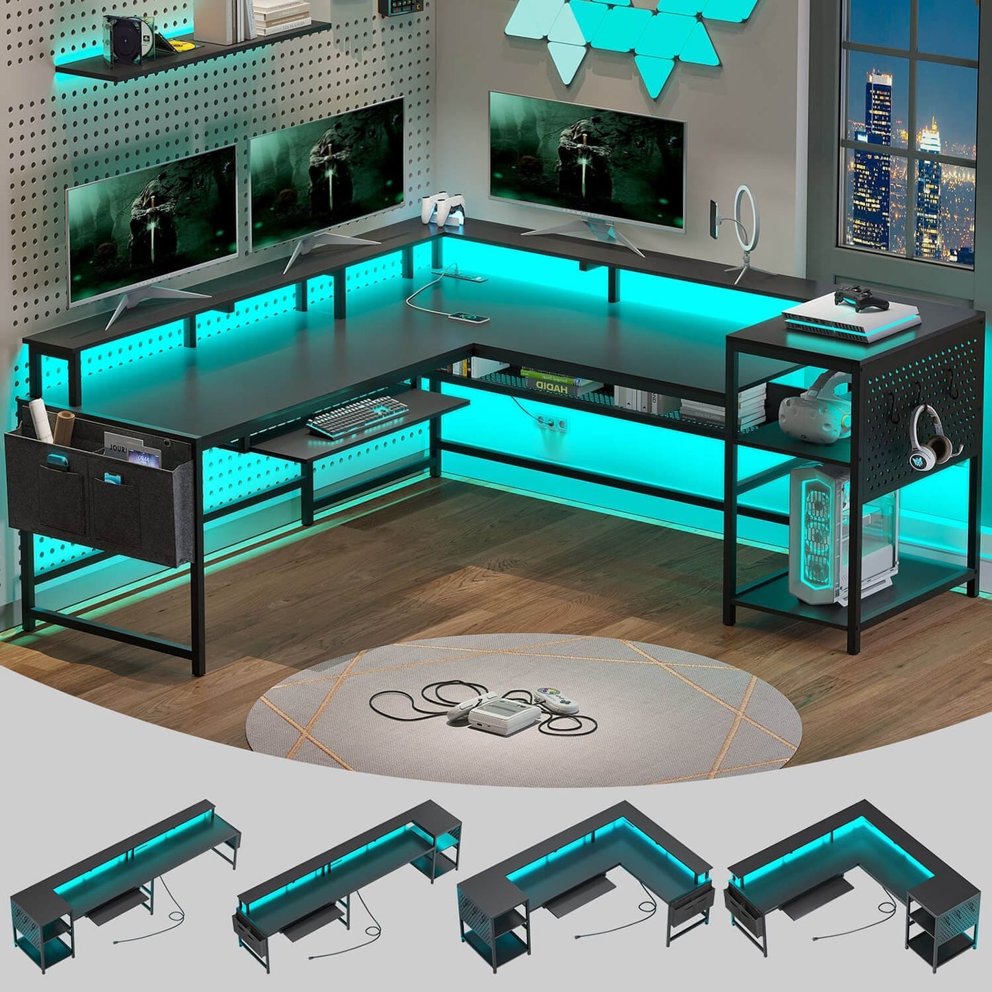 96 Inches L Shaped Reversible LED Gaming Desk Black
