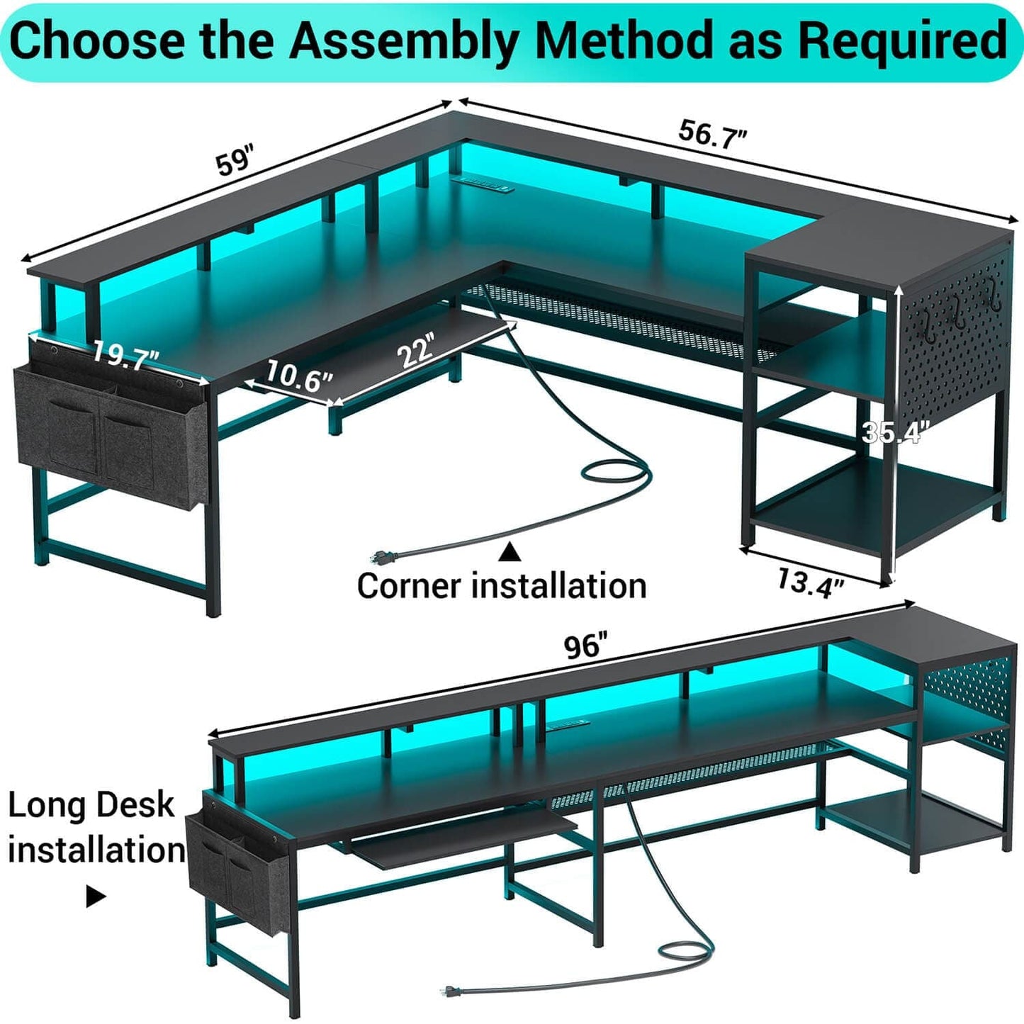 96 Inches L Shaped Reversible LED Gaming Desk Black