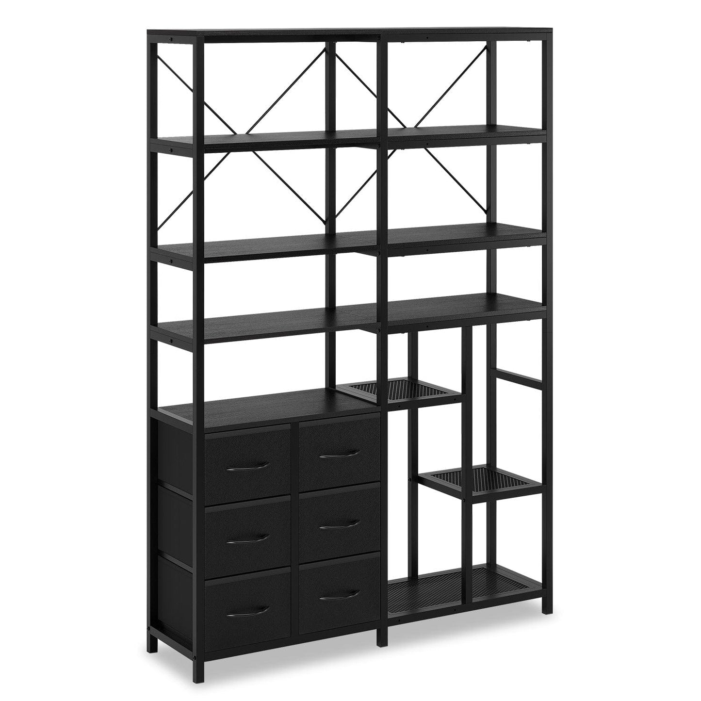 7-Tier Industrial Convertible Bookshelf with 6 Fabric Drawers Black