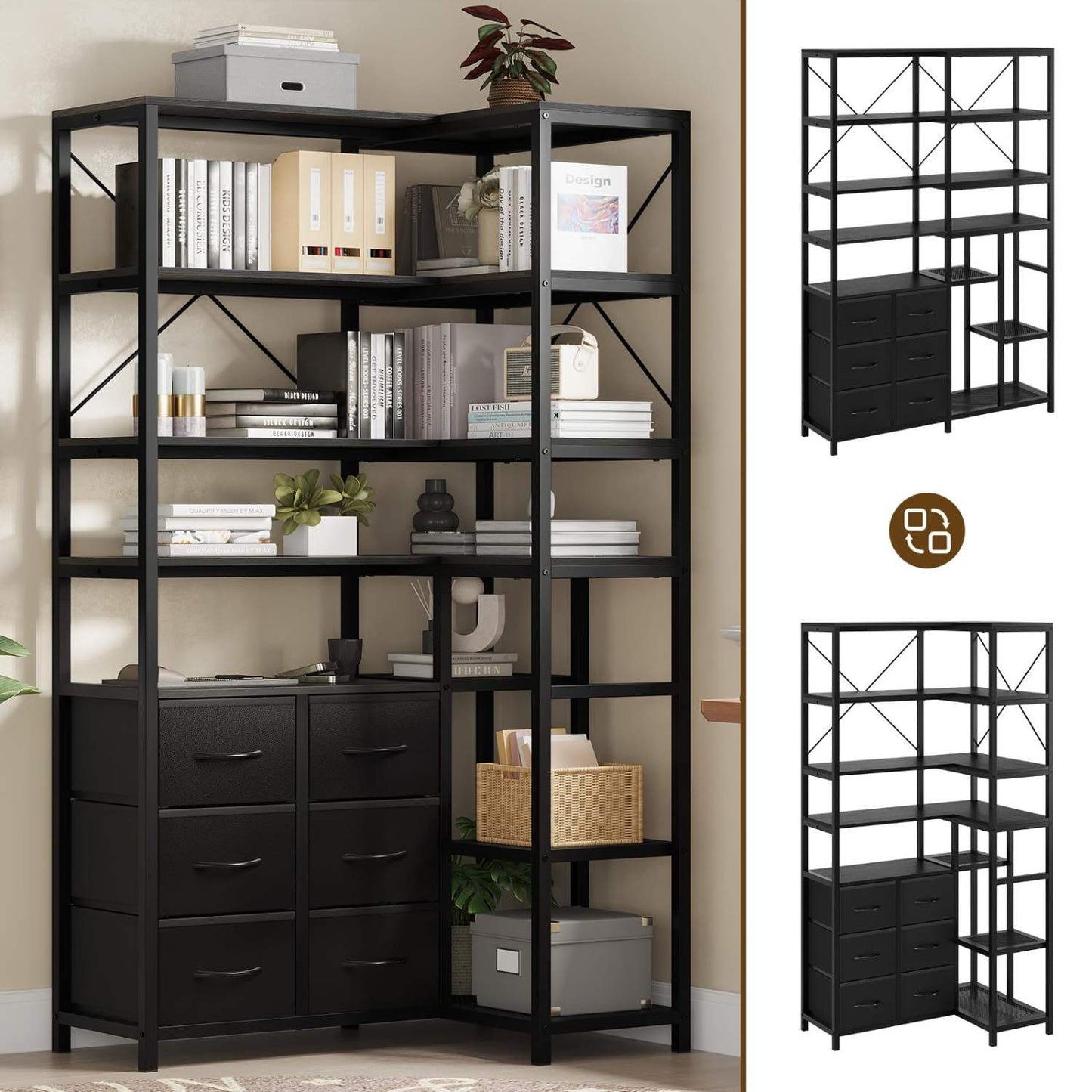 7-Tier Industrial Convertible Bookshelf with 6 Fabric Drawers Black
