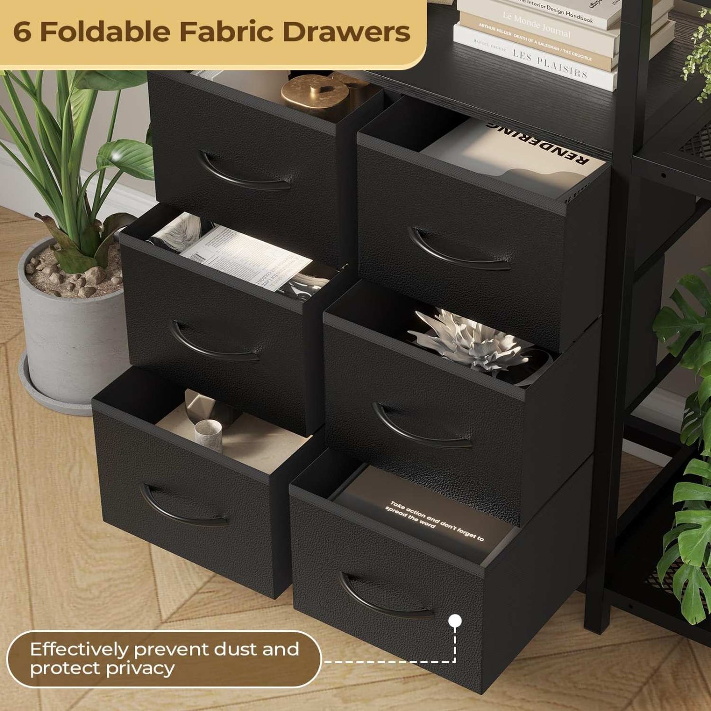 7-Tier Industrial Convertible Bookshelf with 6 Fabric Drawers Black