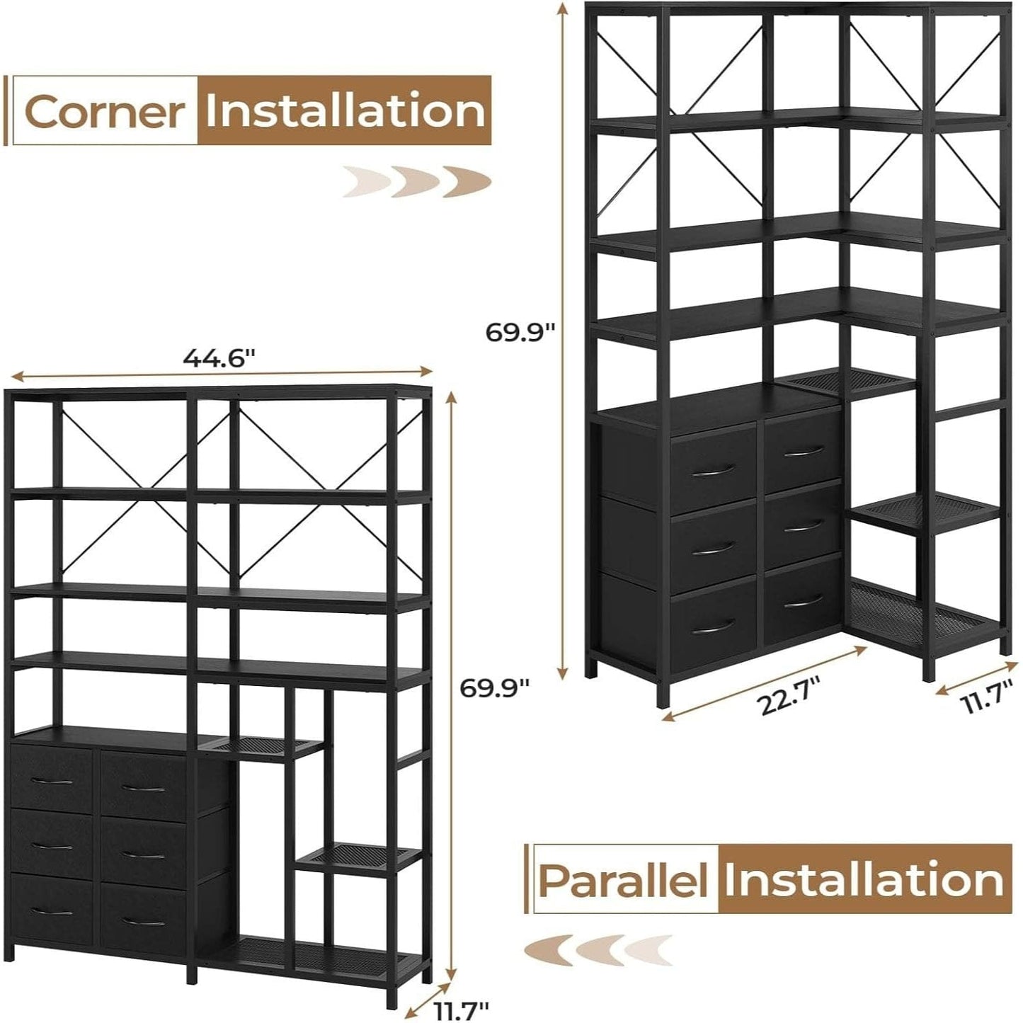 7-Tier Industrial Convertible Bookshelf with 6 Fabric Drawers Black