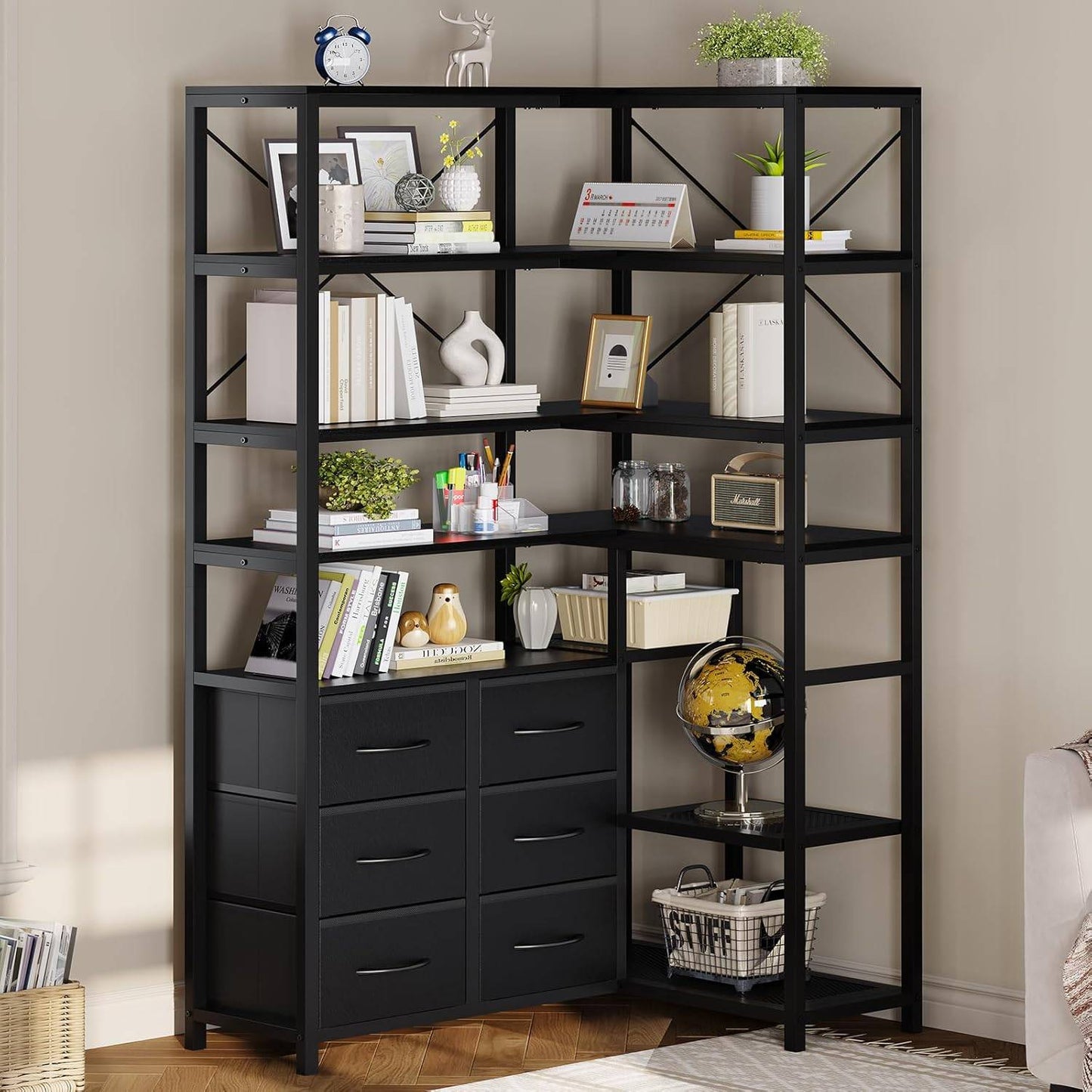 7-Tier Industrial Convertible Bookshelf with 6 Fabric Drawers Black