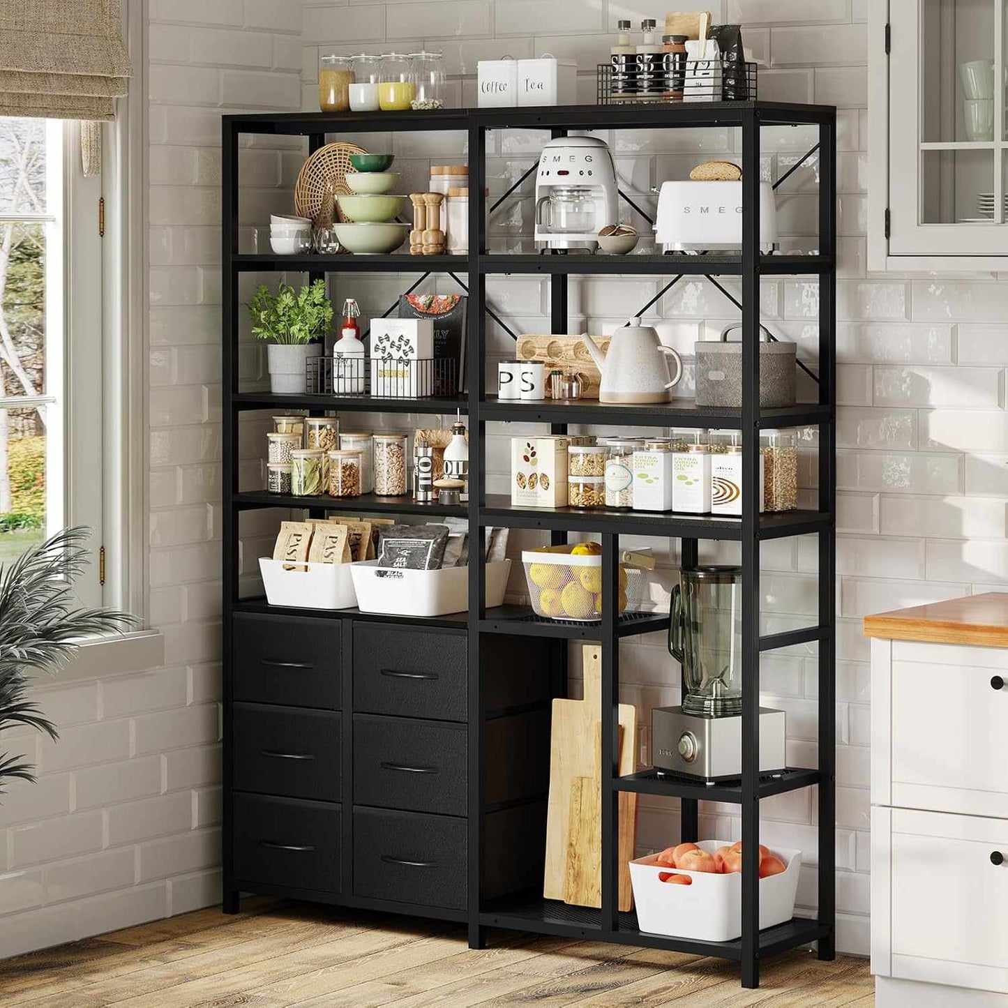 7-Tier Industrial Convertible Bookshelf with 6 Fabric Drawers Black