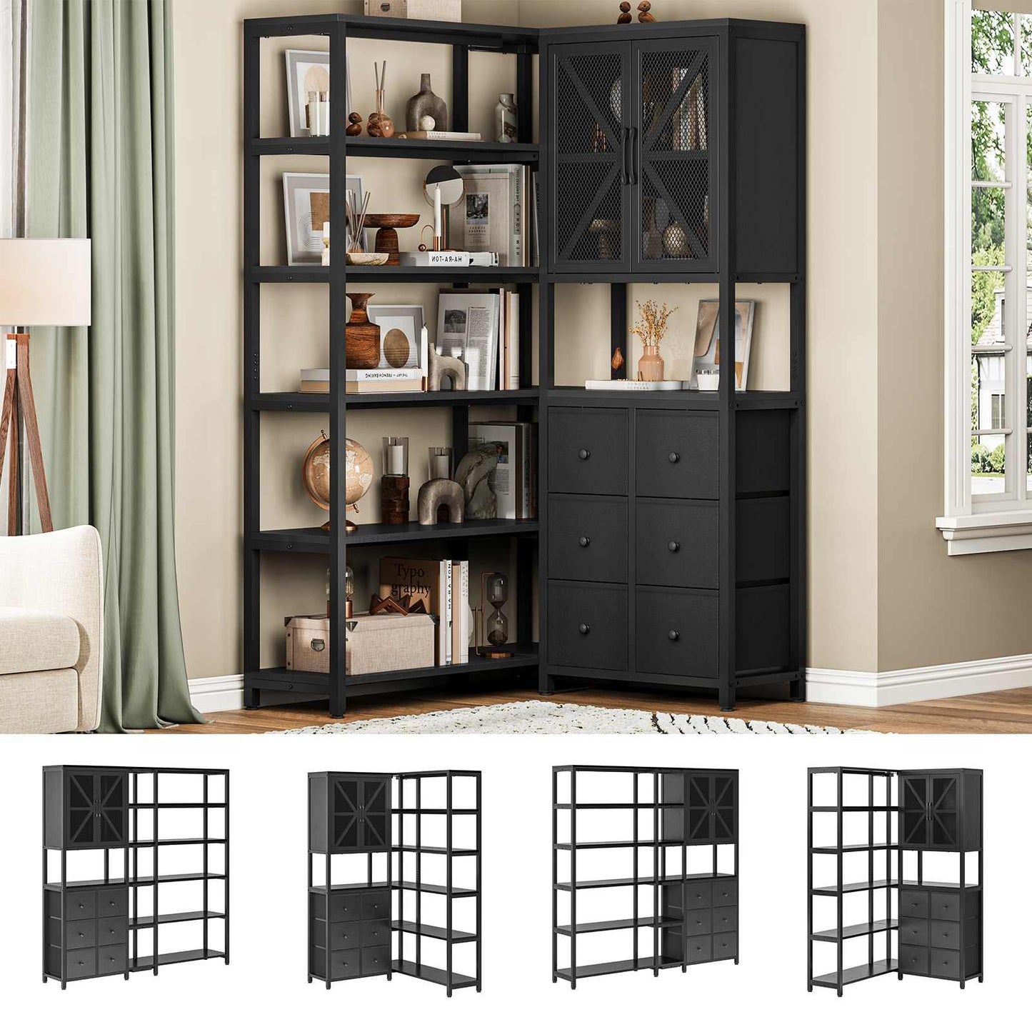 L Shaped Corner Bookshelf with 6 Fabric Drawers Black