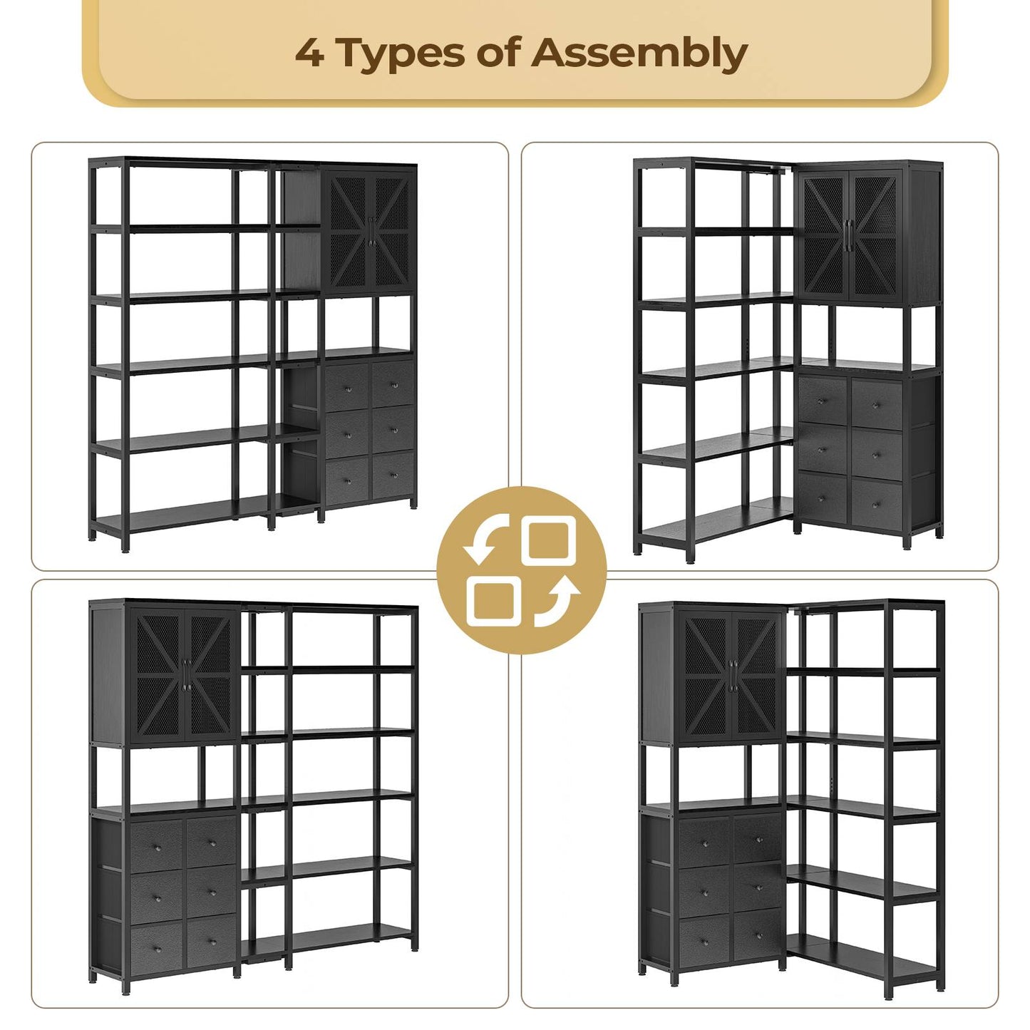 L Shaped Corner Bookshelf with 6 Fabric Drawers Black