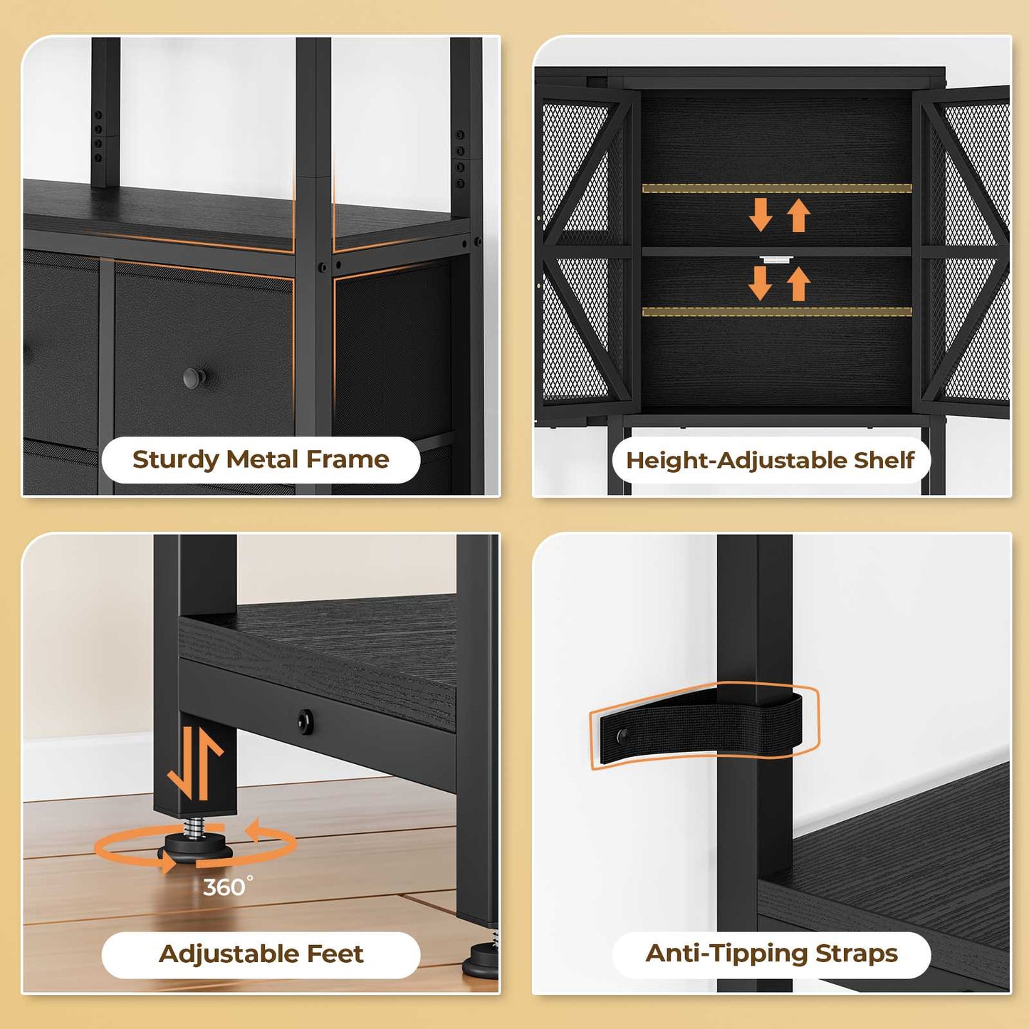 L Shaped Corner Bookshelf with 6 Fabric Drawers Black