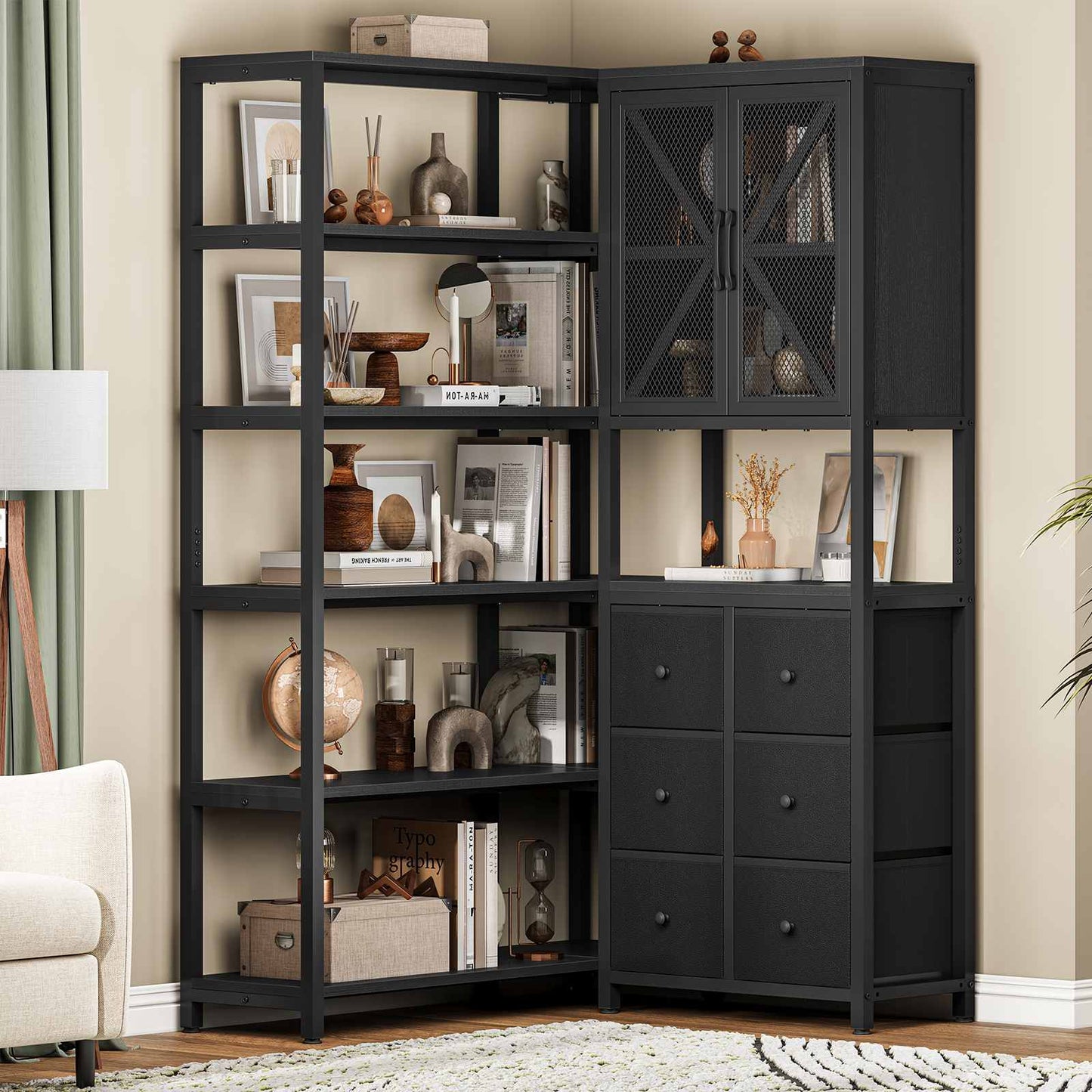 L Shaped Corner Bookshelf with 6 Fabric Drawers Black