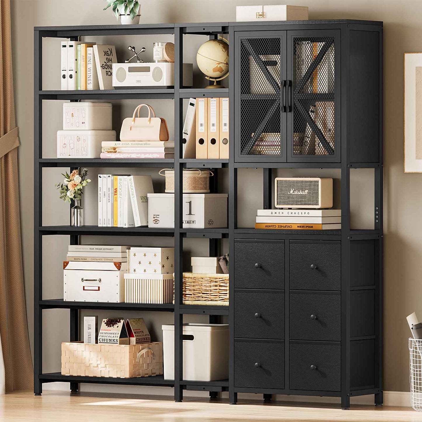 L Shaped Corner Bookshelf with 6 Fabric Drawers Black