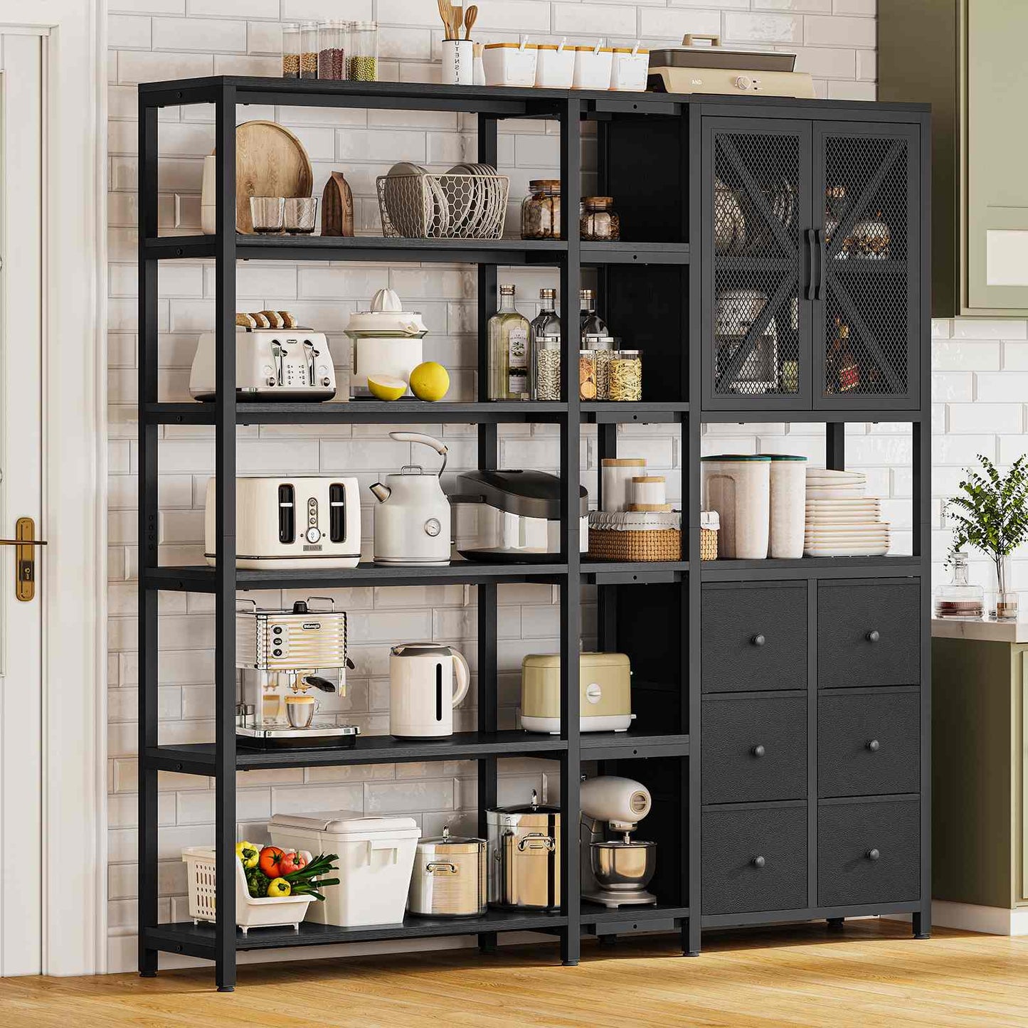 L Shaped Corner Bookshelf with 6 Fabric Drawers Black
