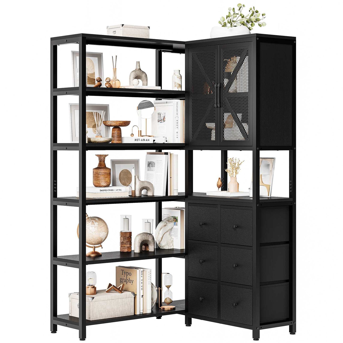L Shaped Corner Bookshelf with 6 Fabric Drawers Black