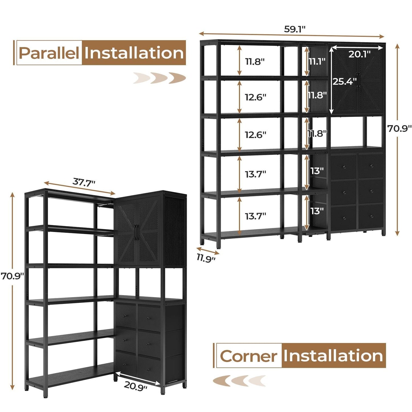L Shaped Corner Bookshelf with 6 Fabric Drawers Black