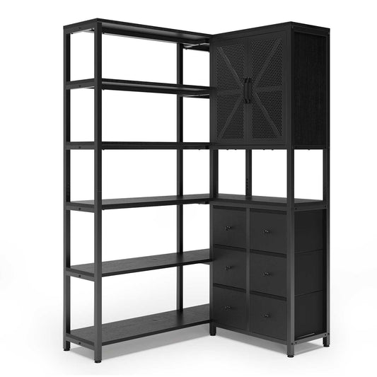 L Shaped Corner Bookshelf with 6 Fabric Drawers Black