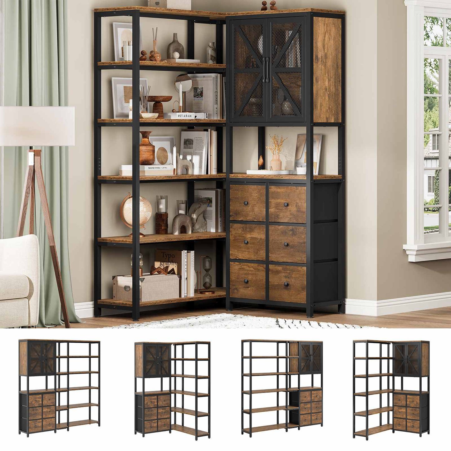 L Shaped Corner Bookshelf with 6 Fabric Drawers Rustic Brown