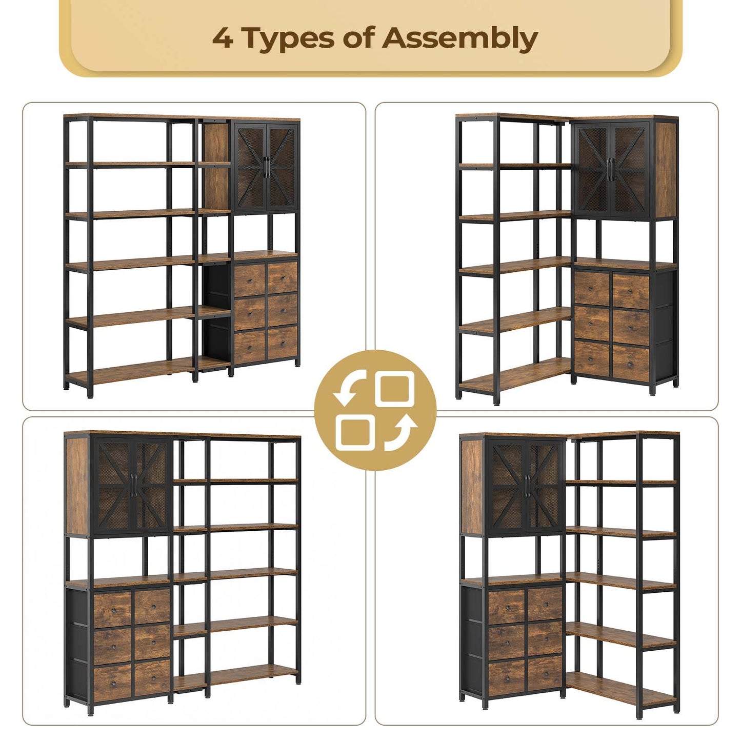 L Shaped Corner Bookshelf with 6 Fabric Drawers Rustic Brown