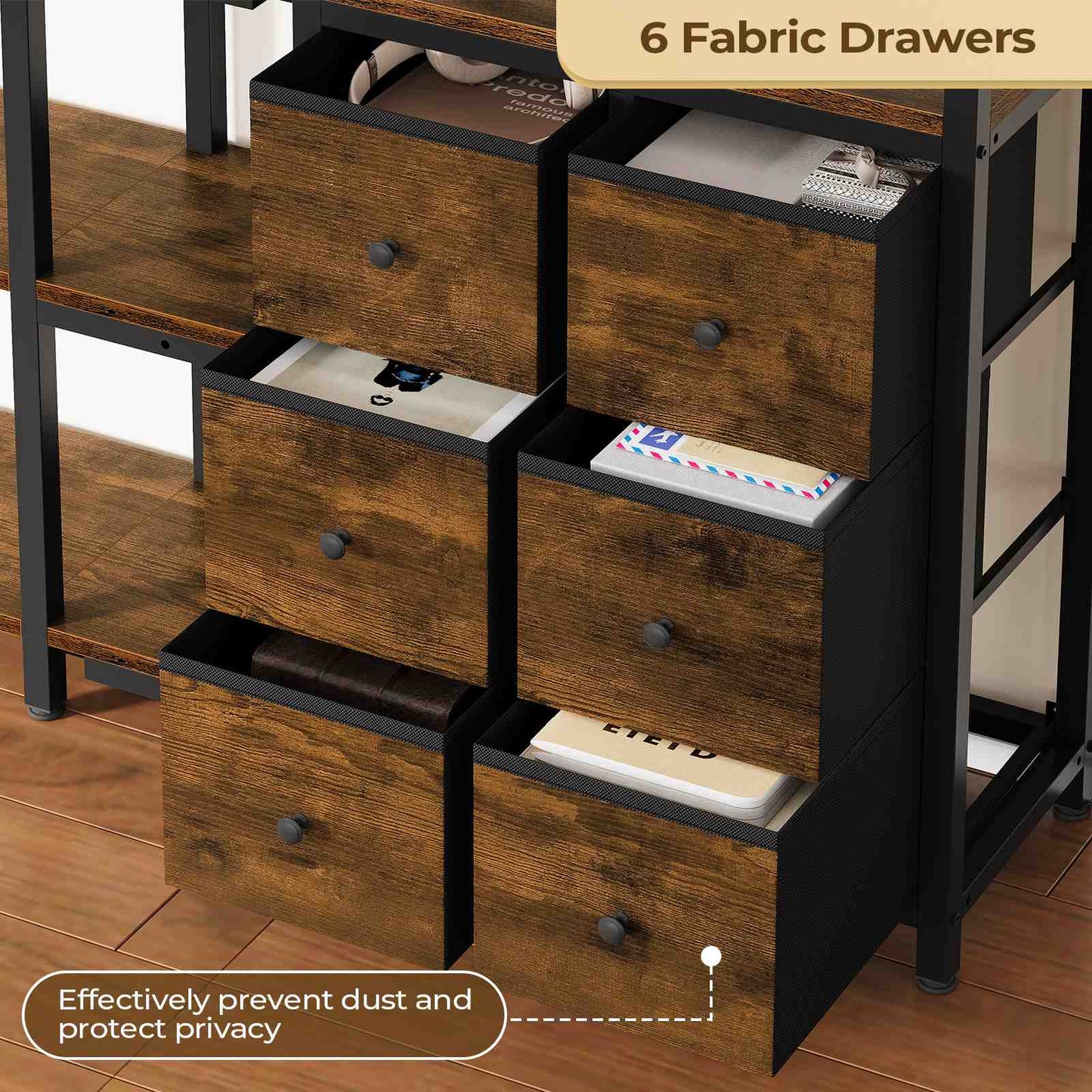 L Shaped Corner Bookshelf with 6 Fabric Drawers Rustic Brown