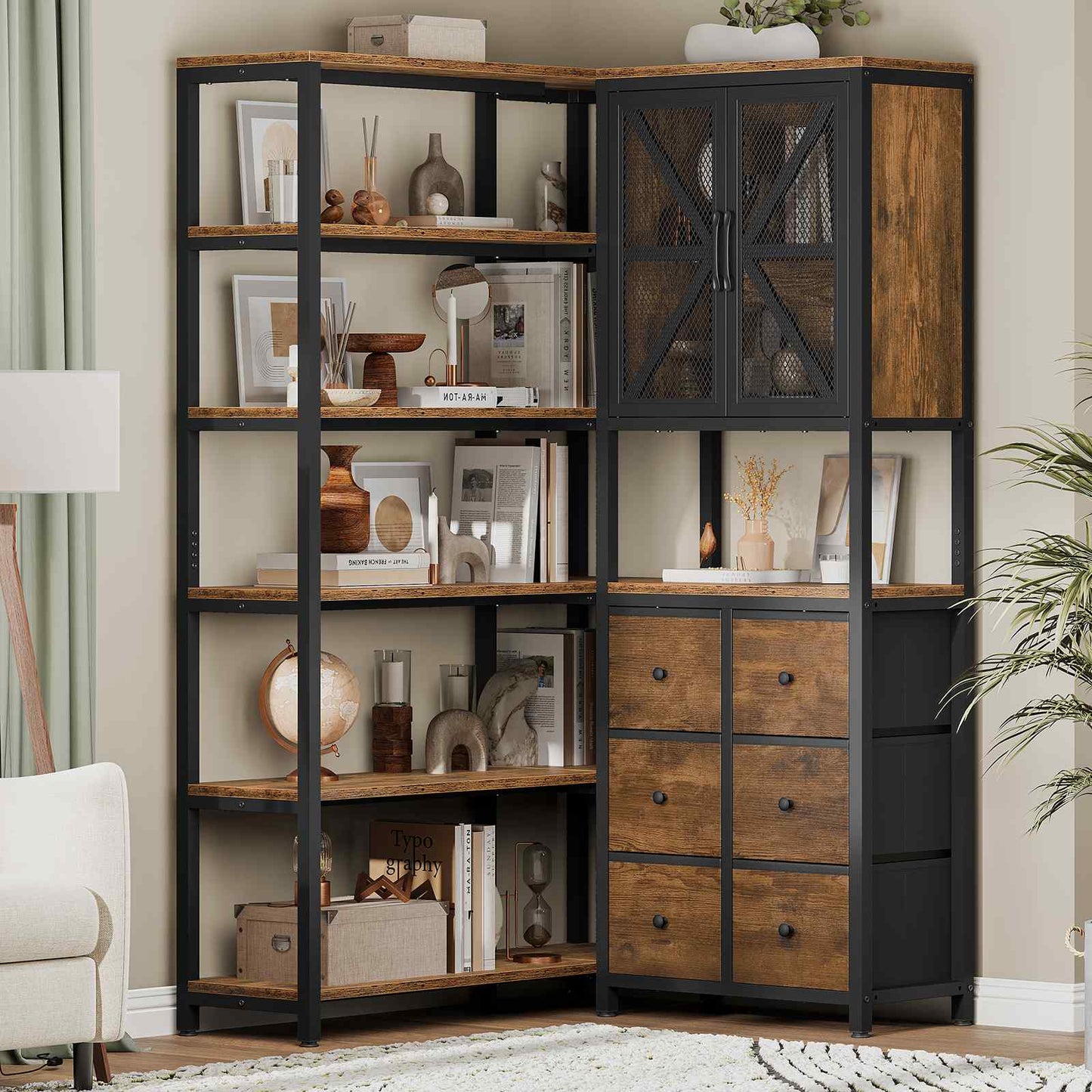 L Shaped Corner Bookshelf with 6 Fabric Drawers Rustic Brown