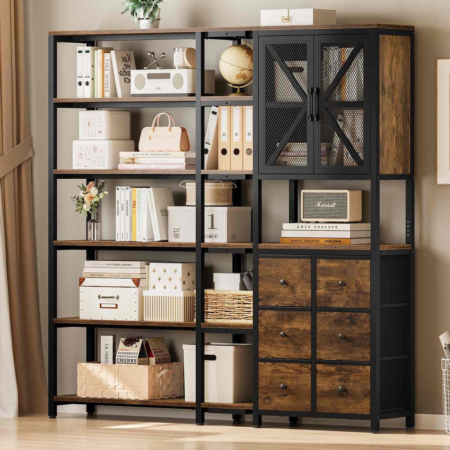 L Shaped Corner Bookshelf with 6 Fabric Drawers Rustic Brown