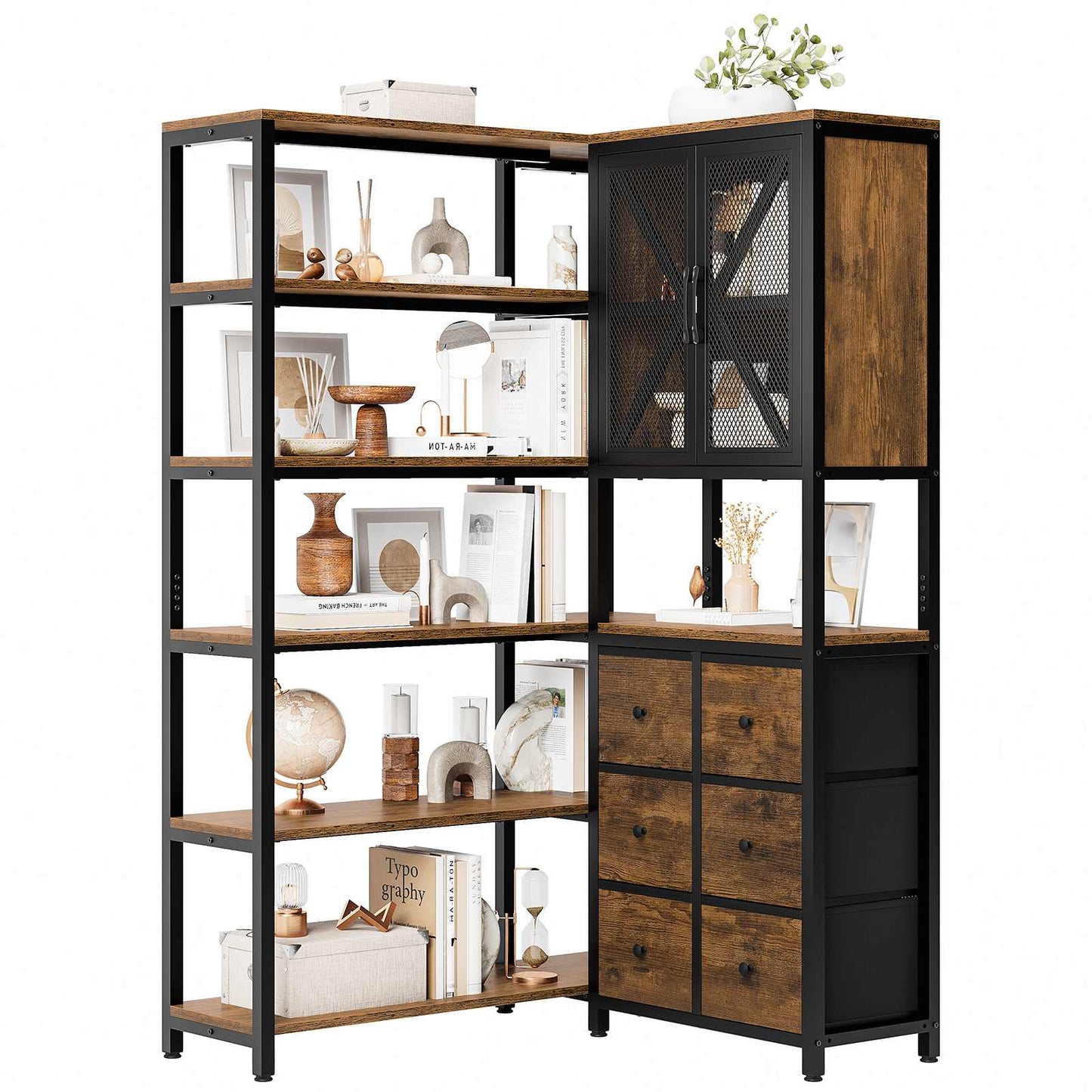 L Shaped Corner Bookshelf with 6 Fabric Drawers Rustic Brown