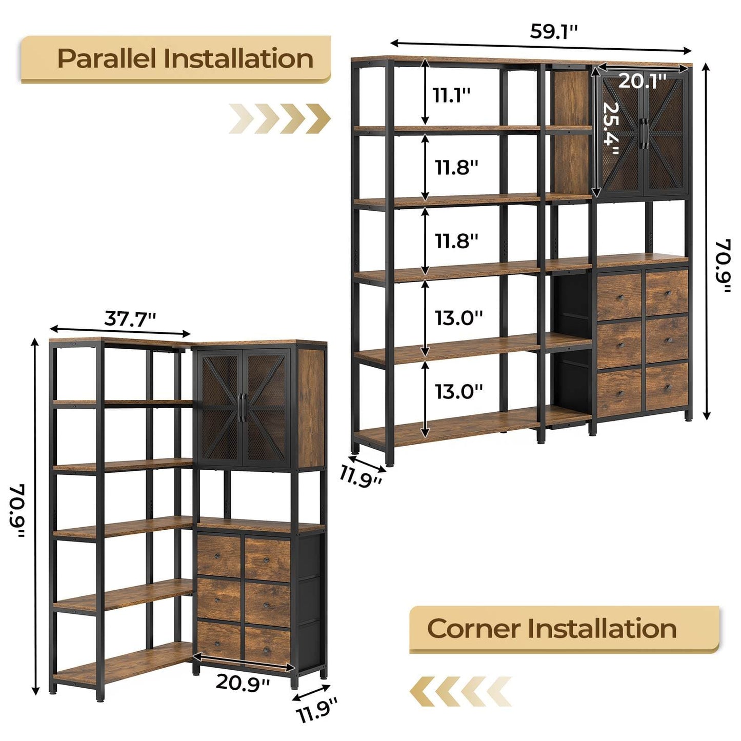 L Shaped Corner Bookshelf with 6 Fabric Drawers Rustic Brown