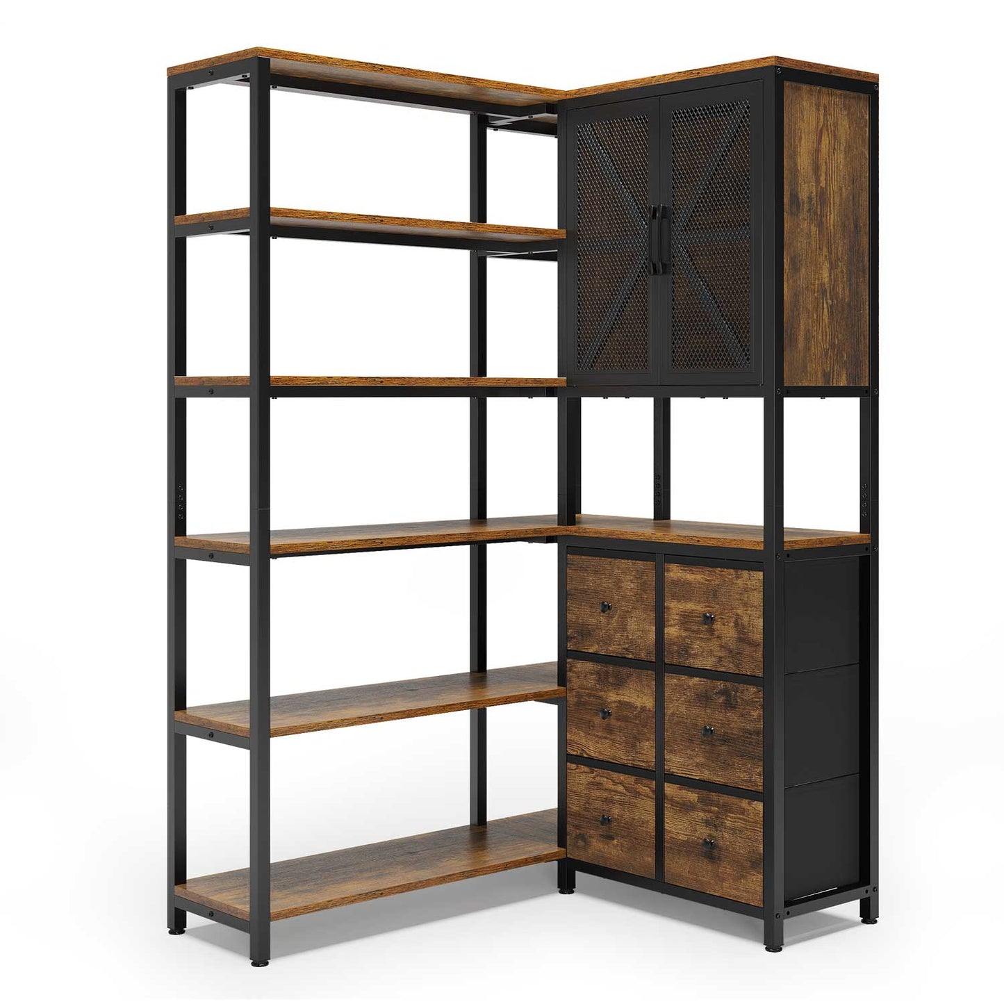 L Shaped Corner Bookshelf with 6 Fabric Drawers Rustic Brown