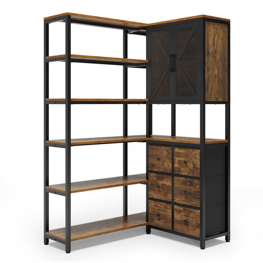 L Shaped Corner Bookshelf with 6 Fabric Drawers Rustic Brown